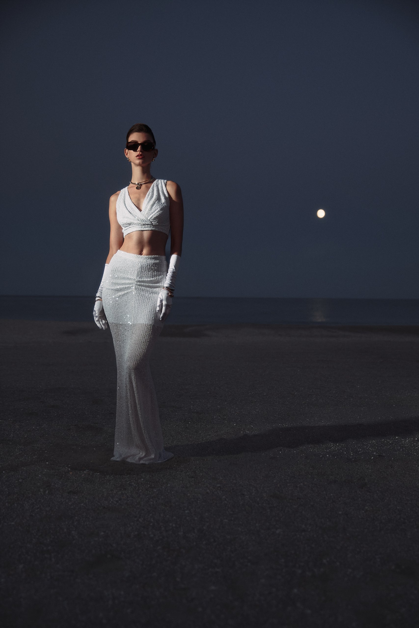Sequin v-neck top in white