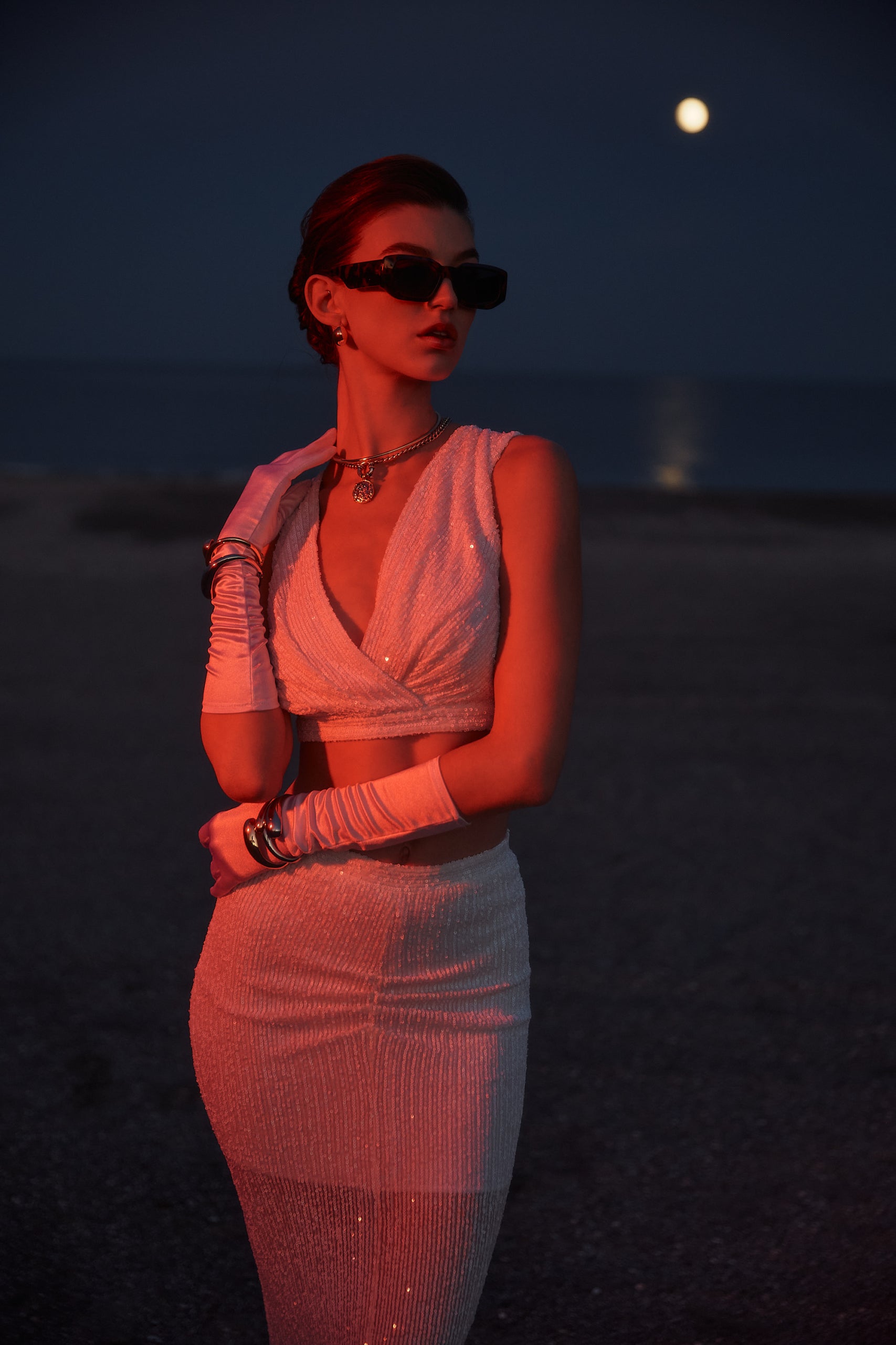 Sequin v-neck top in white