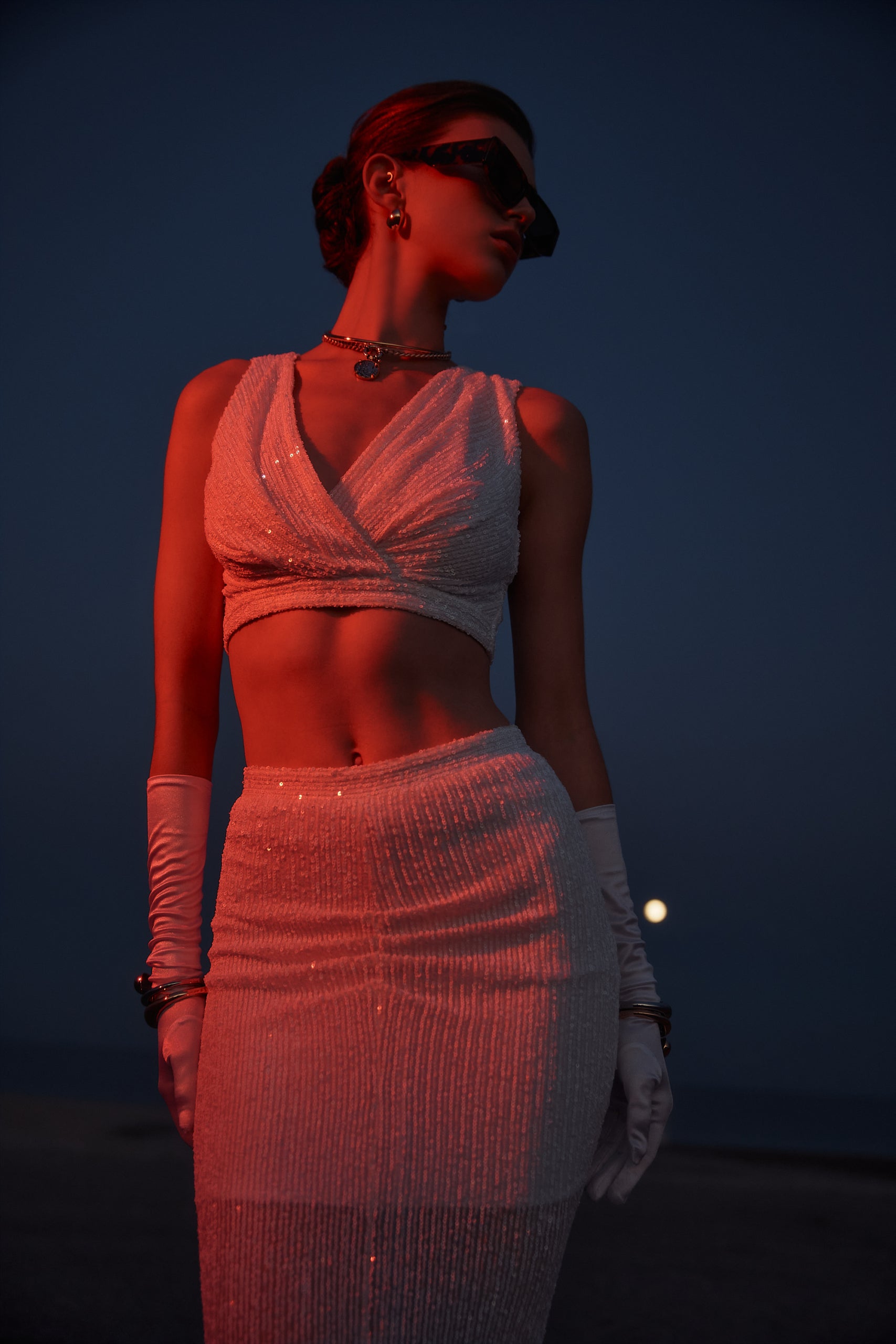 Sequin v-neck top in white
