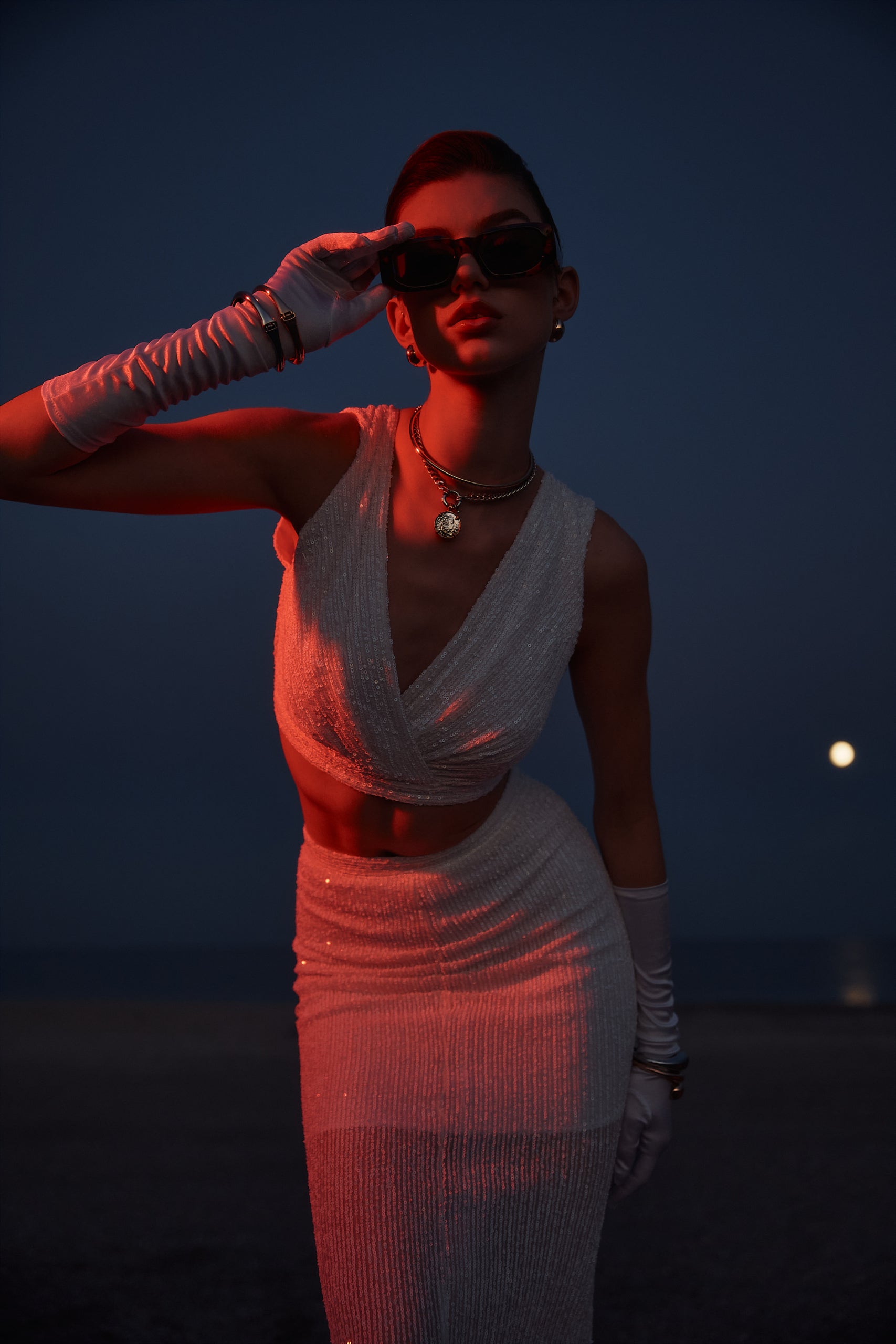 Sequin v-neck top in white
