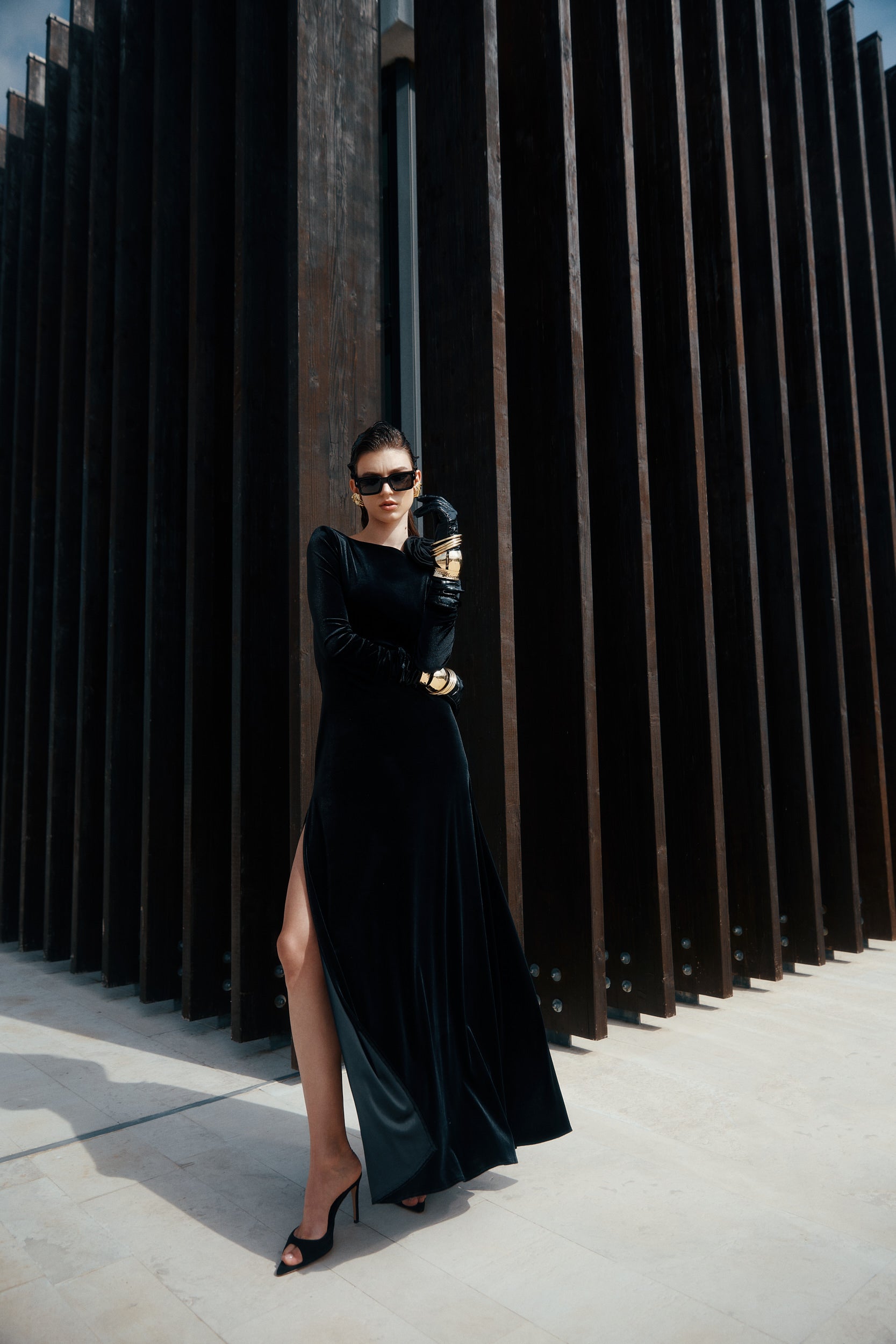 Black velvet flower appliqué dress