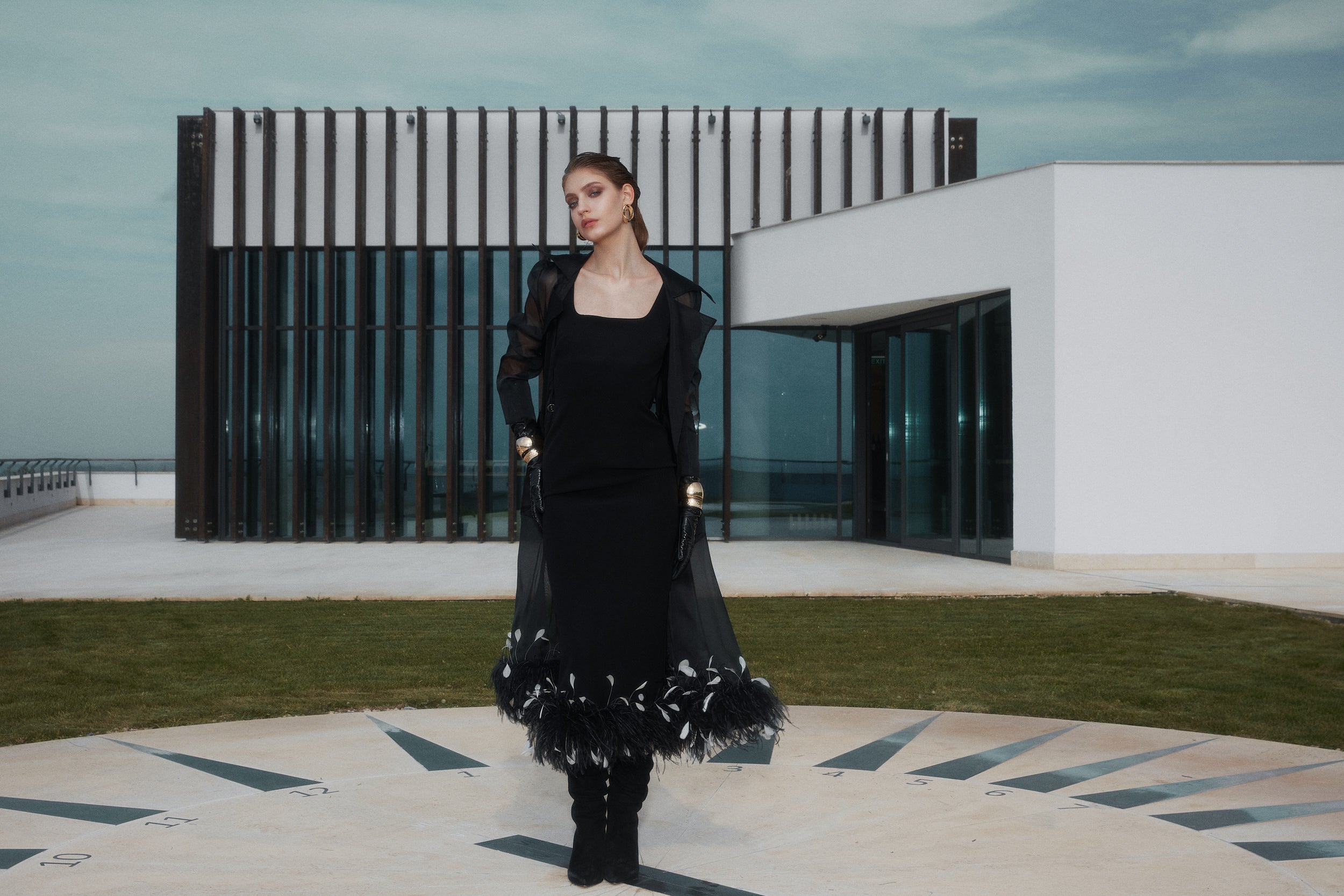 Sheer organza trench dress in black