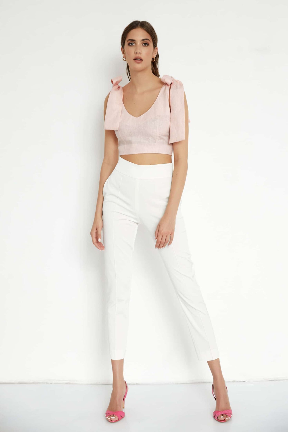 Bow strap linen crop top in pink