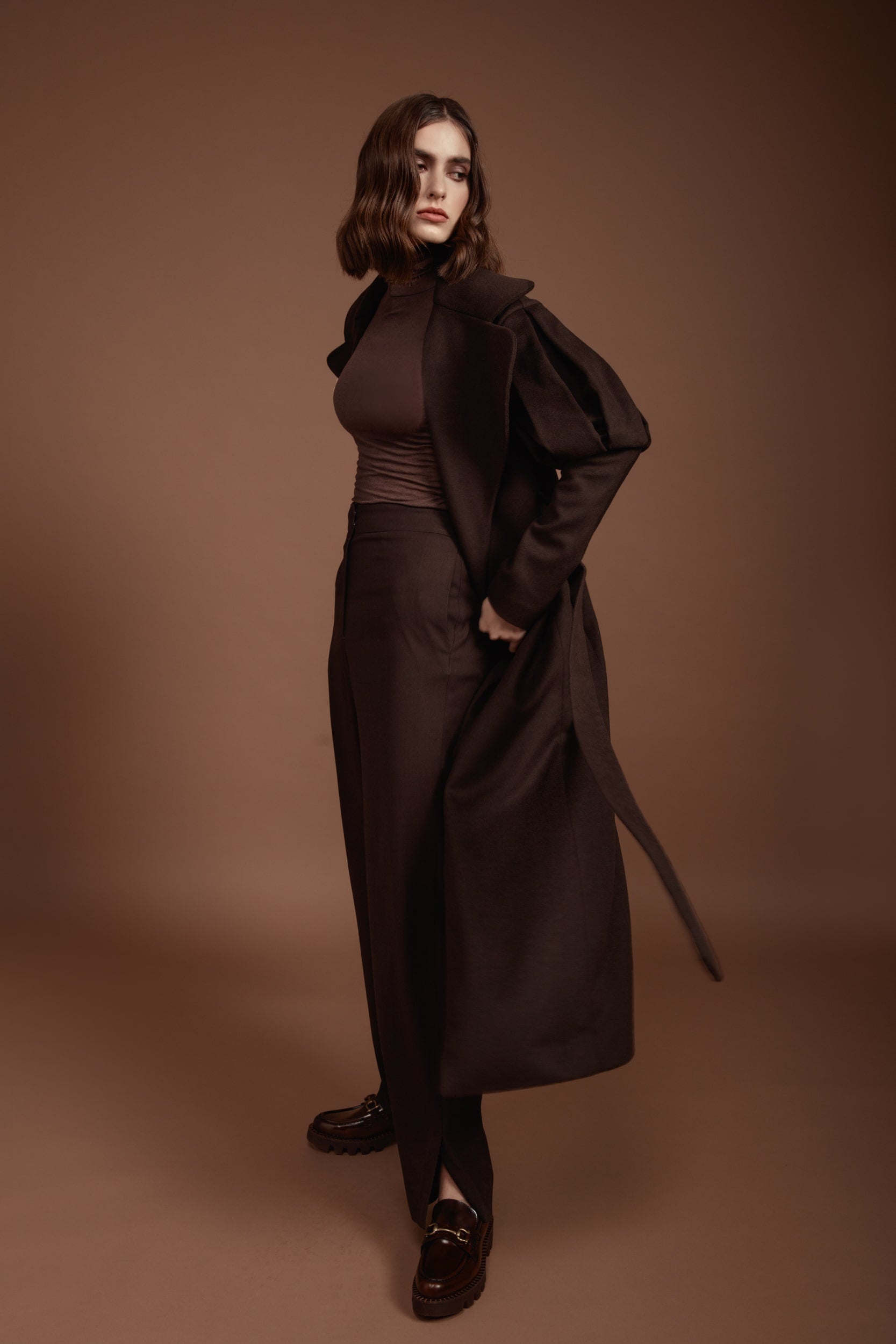 Statement Trench Coat in Chocolate Brown Wool and Cashmere