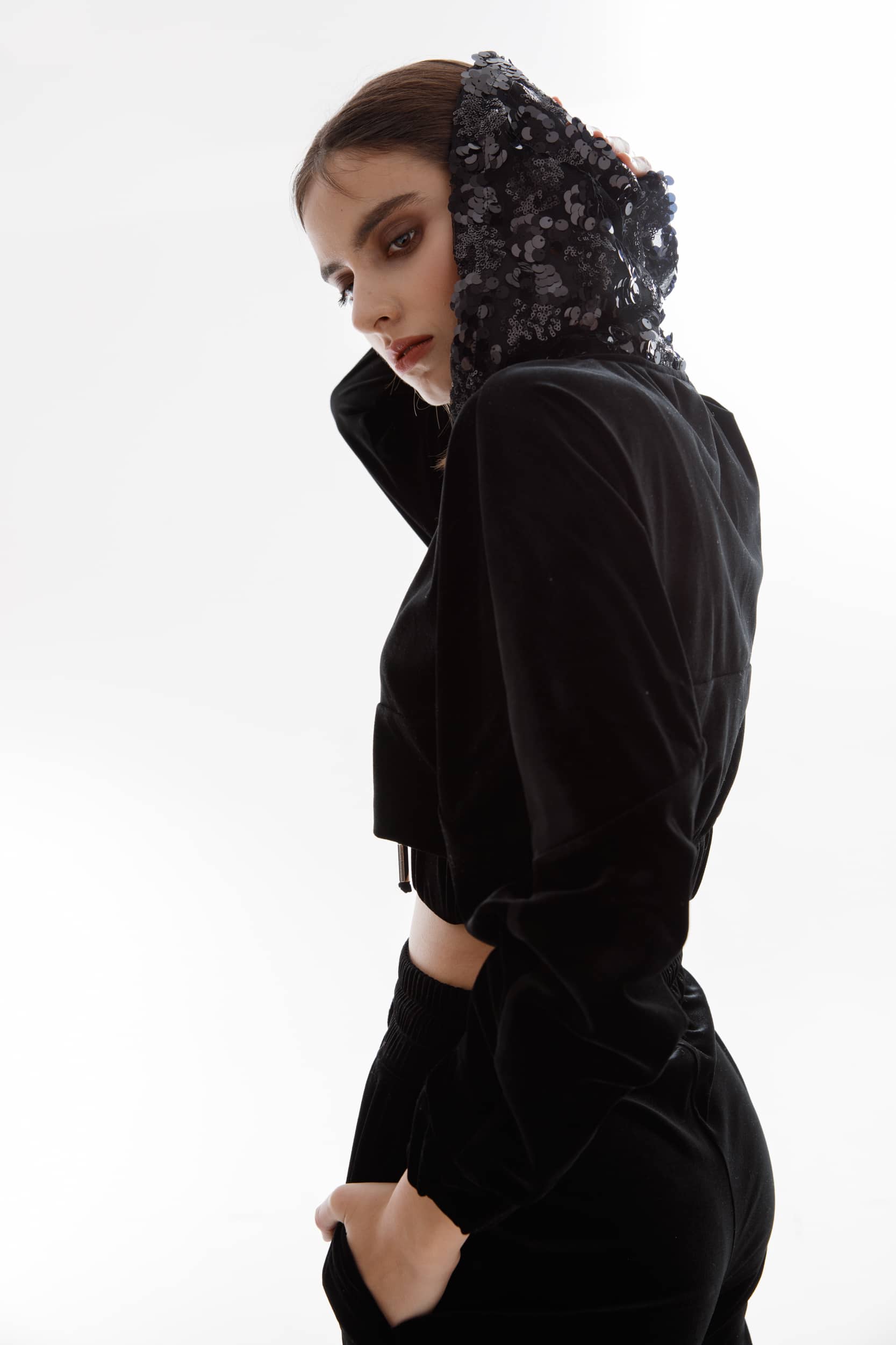 Short Black Hooded Velvet Sweatshirt