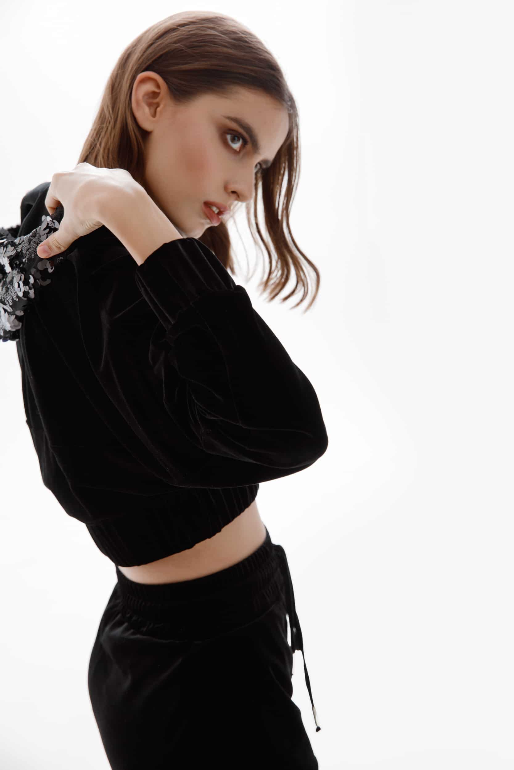 Short Black Hooded Velvet Sweatshirt