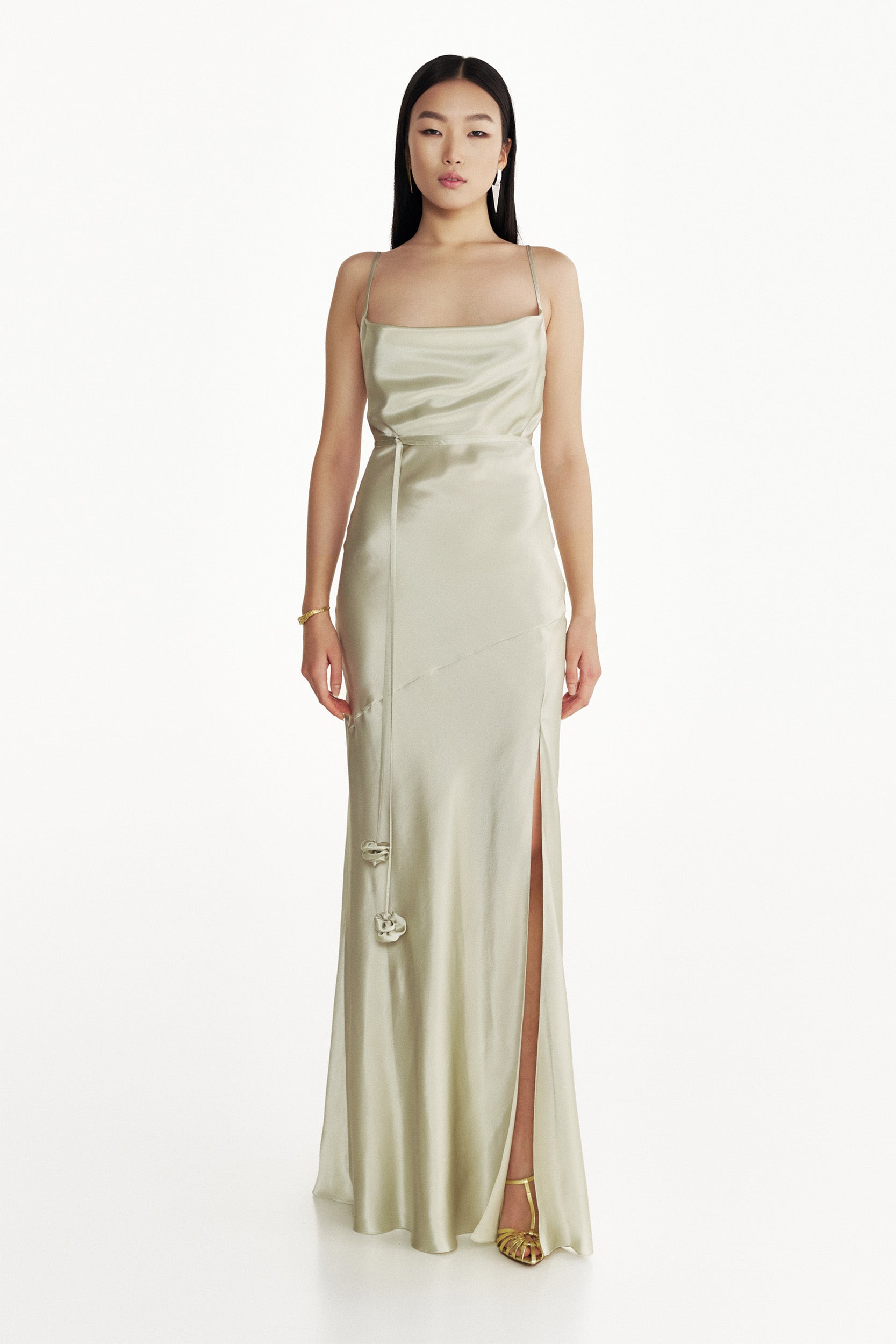Floor-length silk dress in green