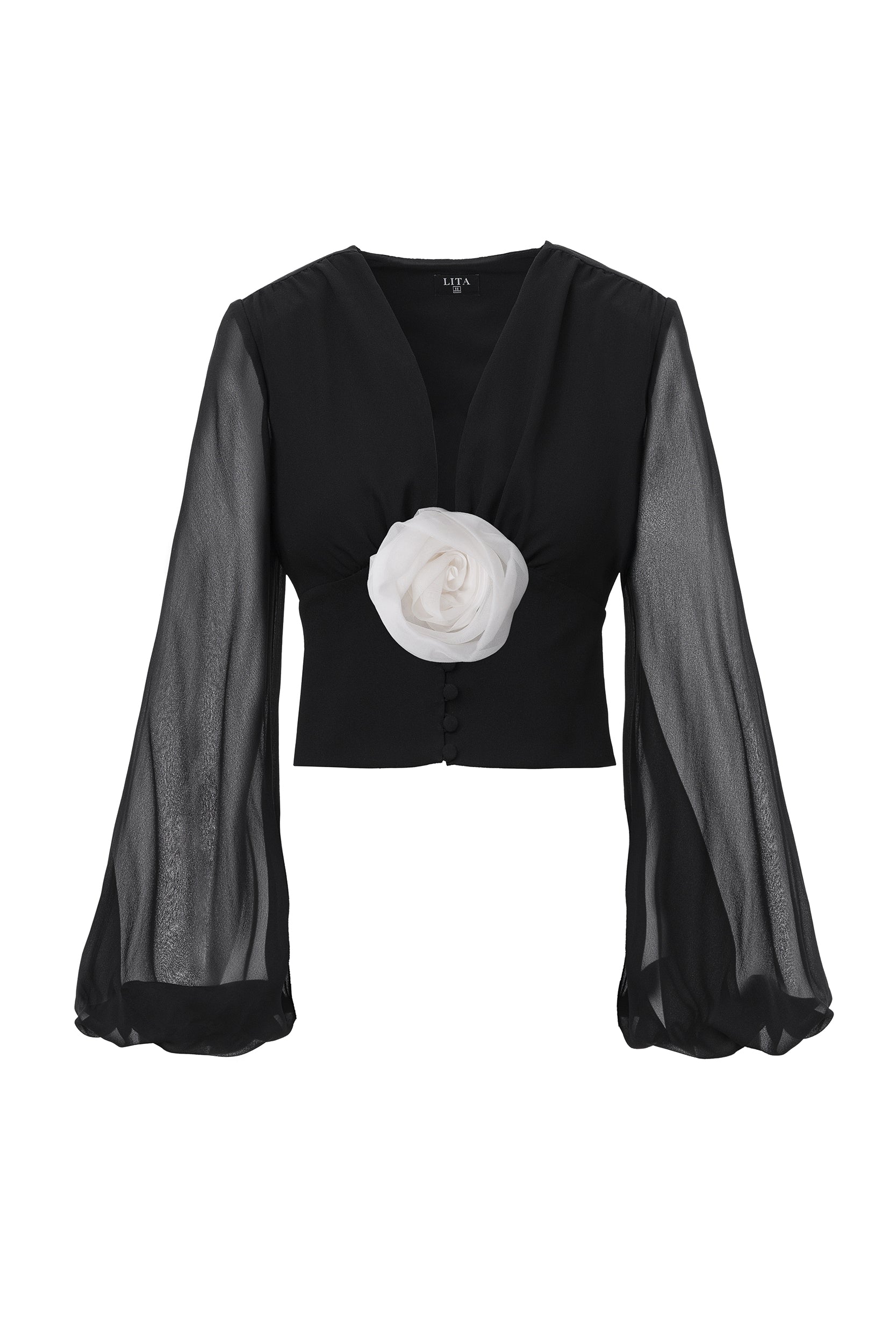 Ample-sleeve georgette silk top in black