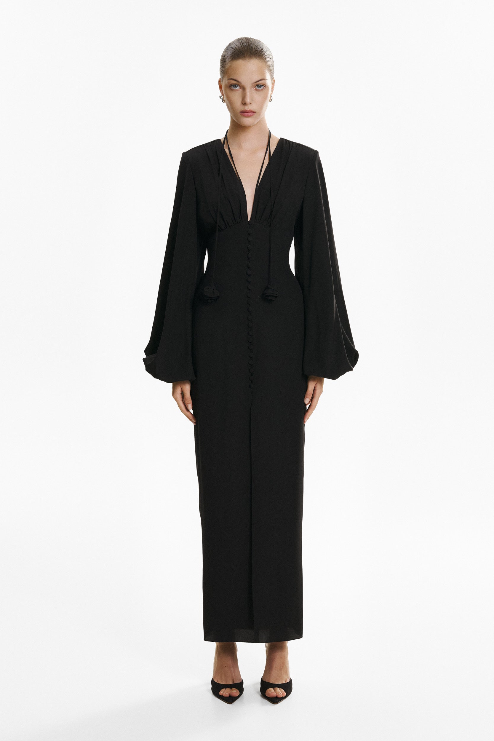 Ample-sleeve maxi silk dress in black