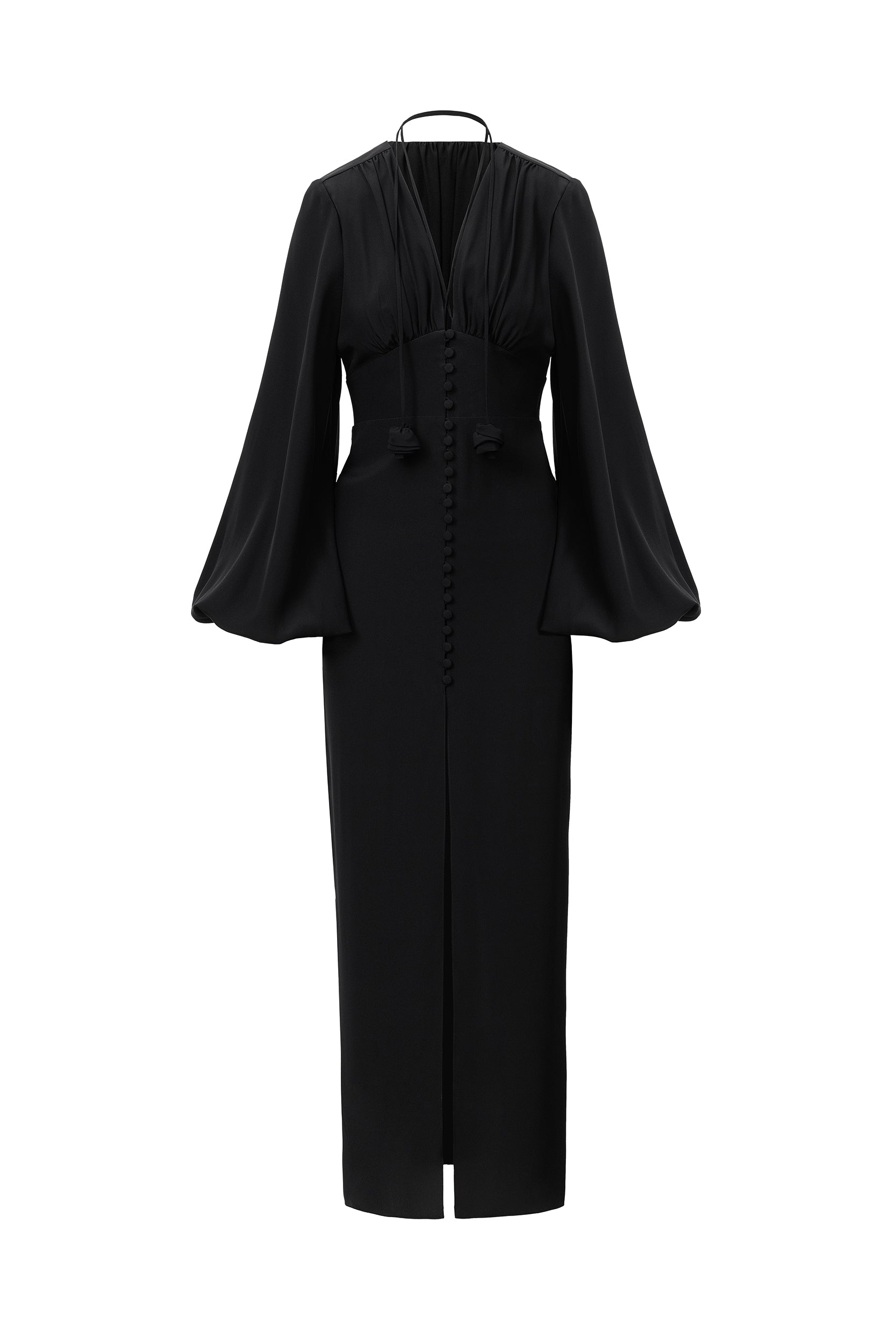 Ample-sleeve maxi silk dress in black