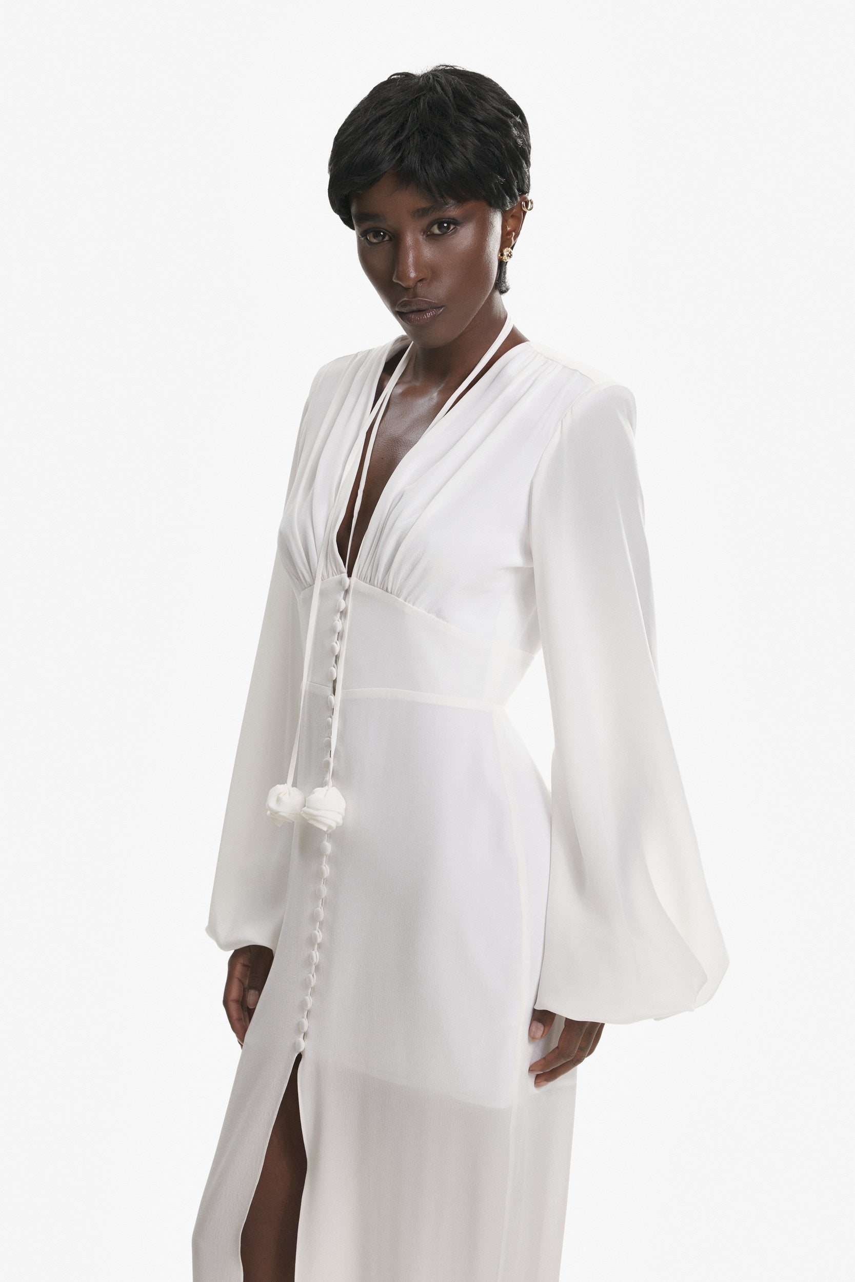 Ample-sleeve maxi silk dress in white
