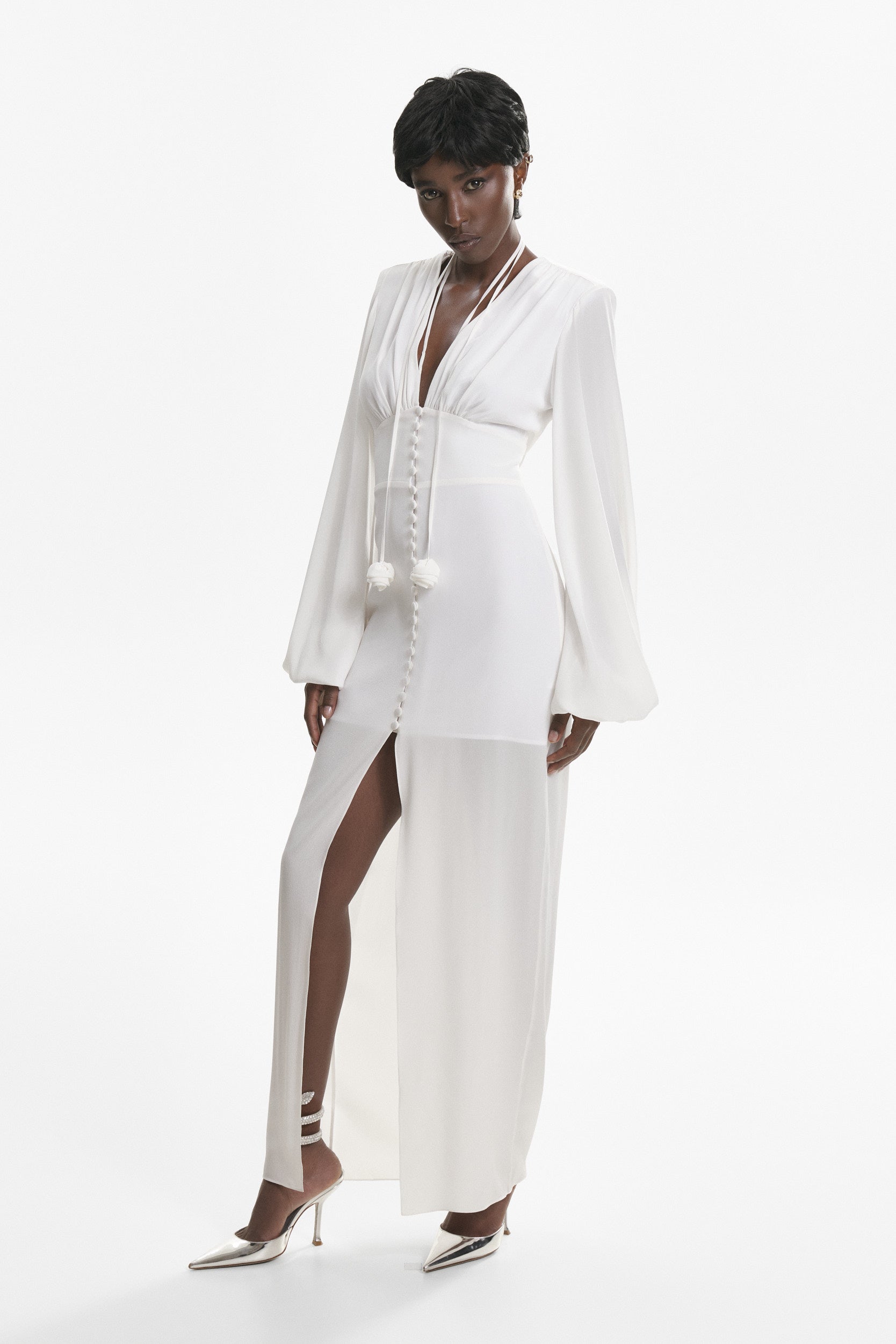 Ample-sleeve maxi silk dress in white