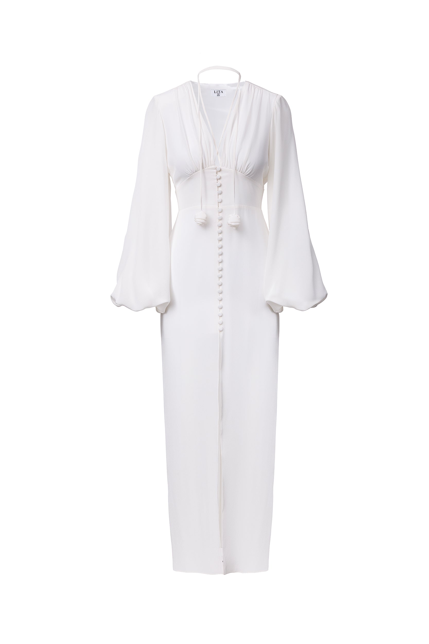 Ample-sleeve maxi silk dress in white
