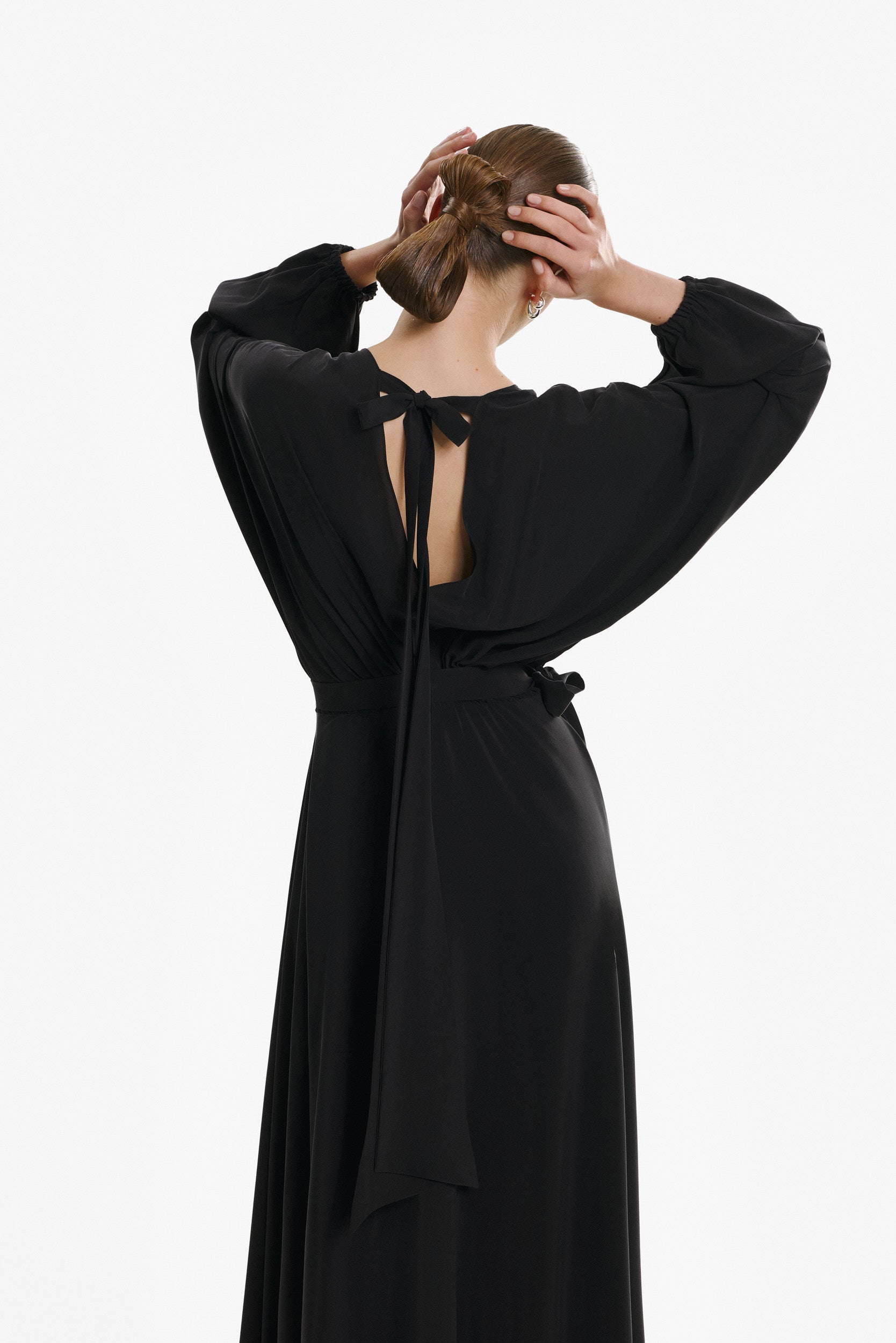 Balloon-sleeve black wrap dress