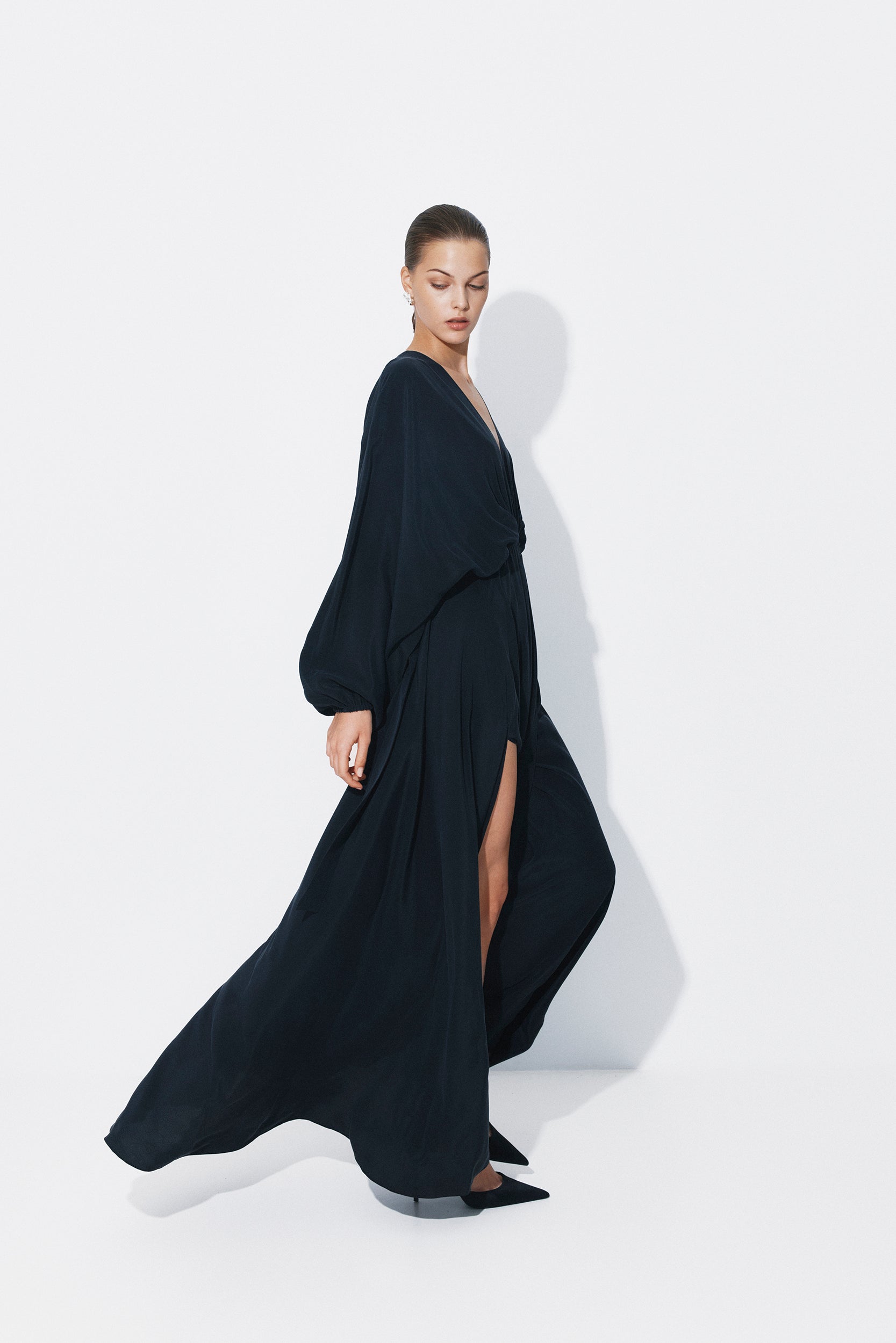 Balloon-sleeve black wrap dress