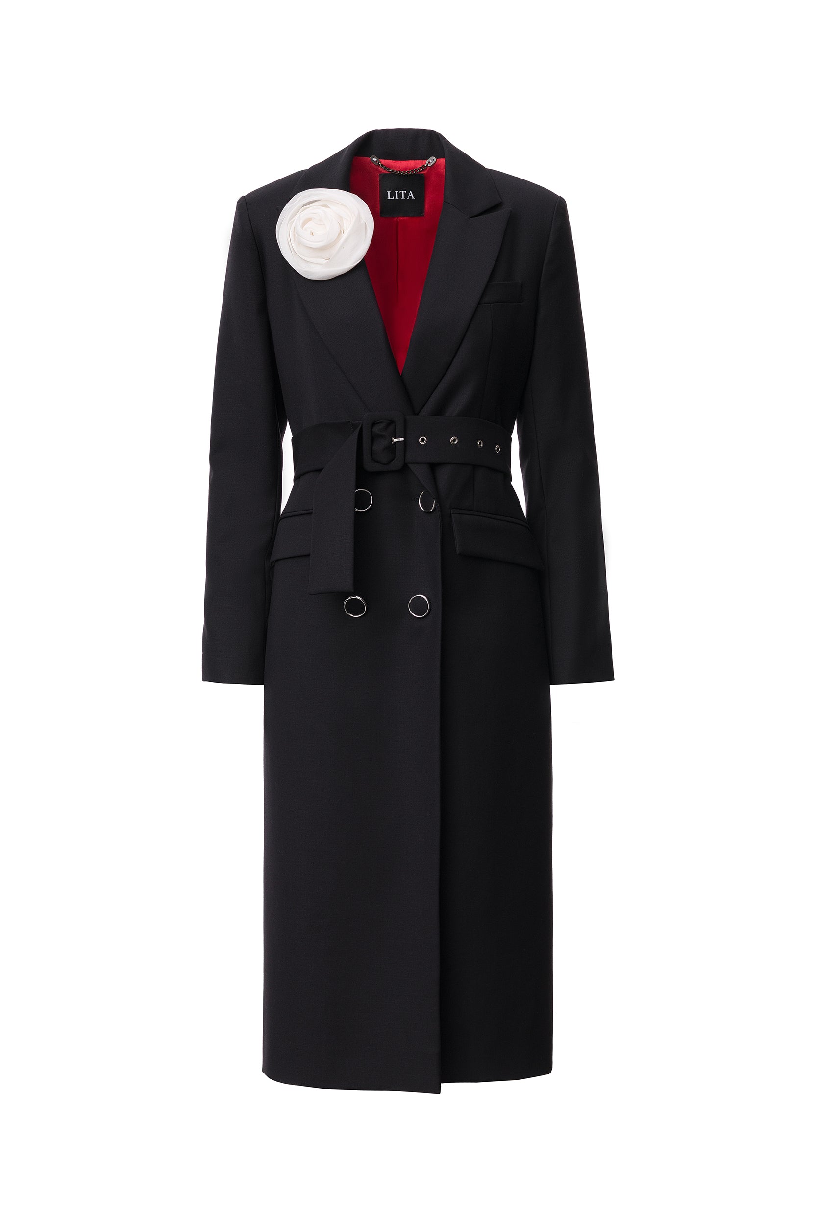 Belted midi trench coat in black