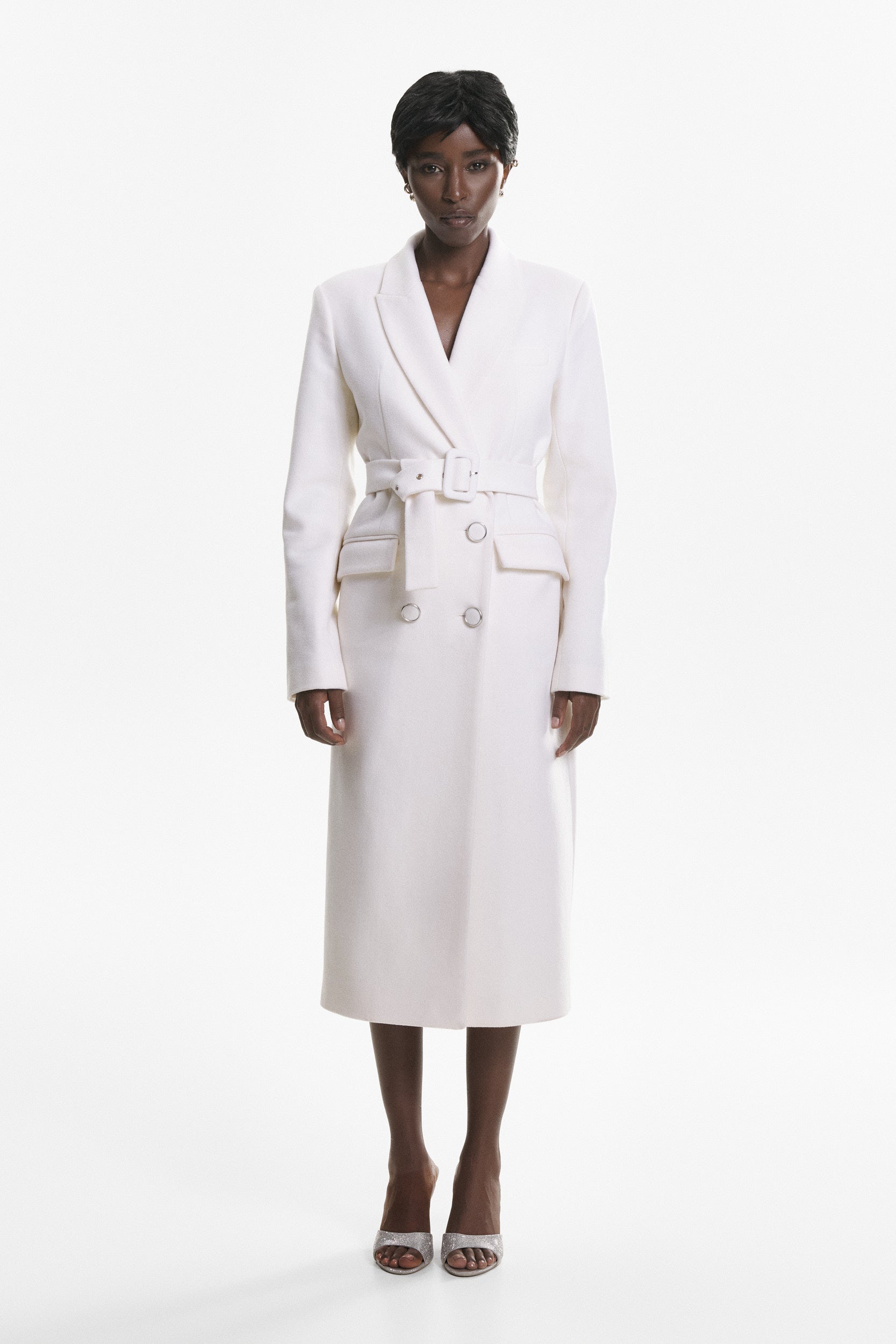 Belted midi trench coat in white wool