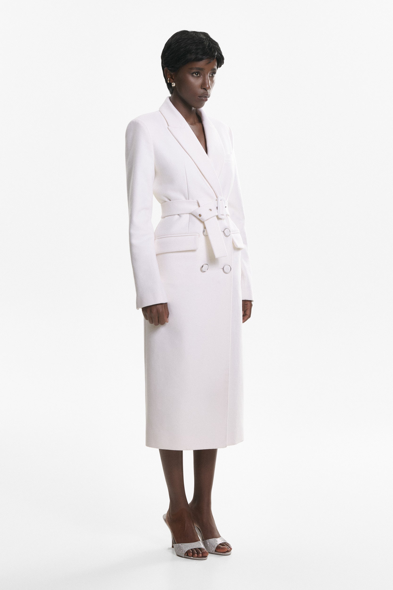 Belted midi trench coat in white wool