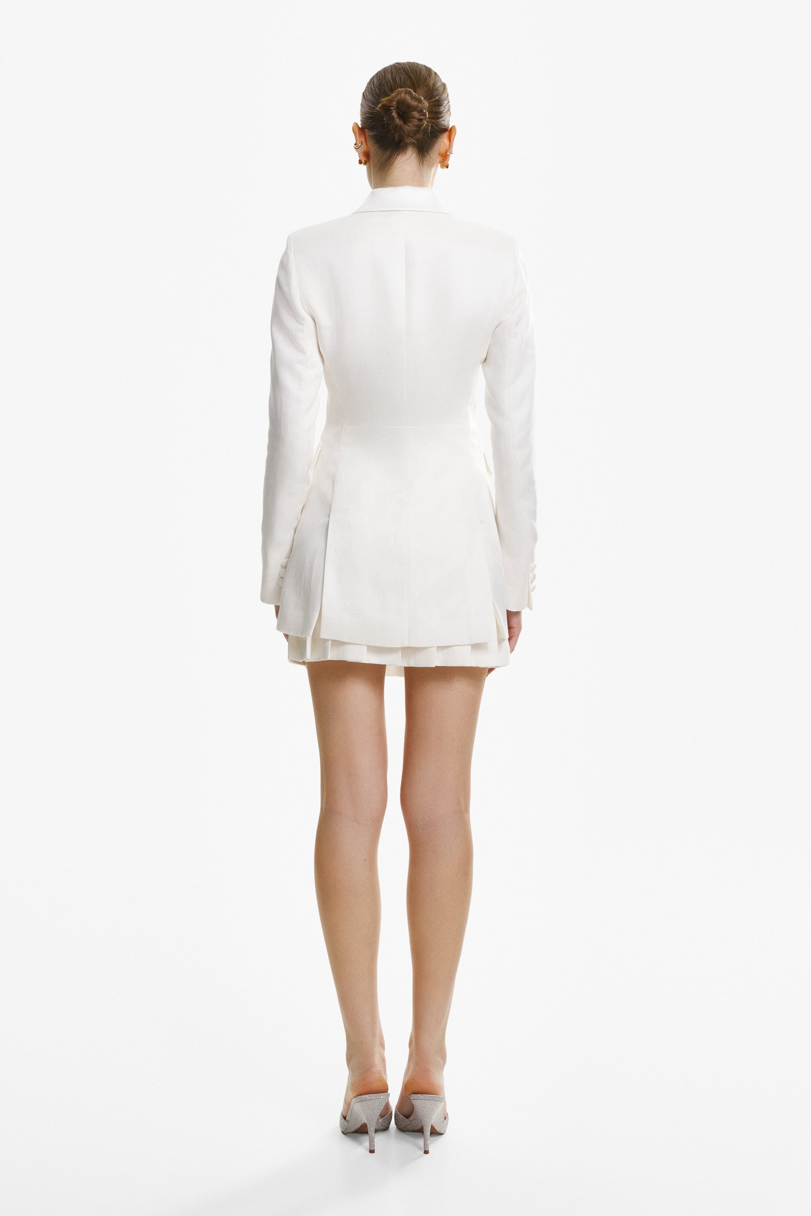 Double-breasted white linen blazer