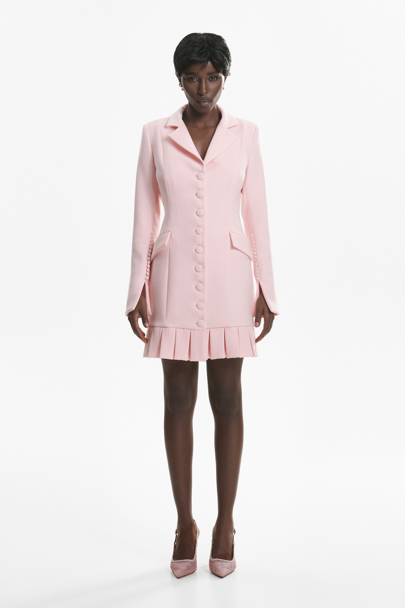 Elegant mini pink dress with buttons and pleats
