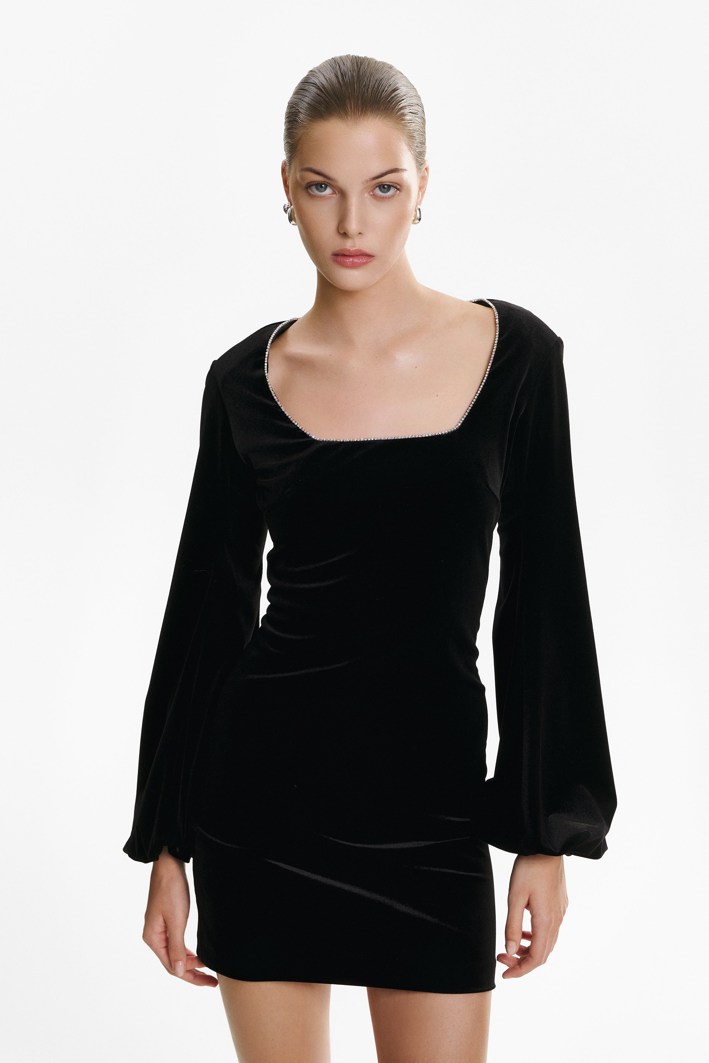 Embellished-neckline mini black velvet dress