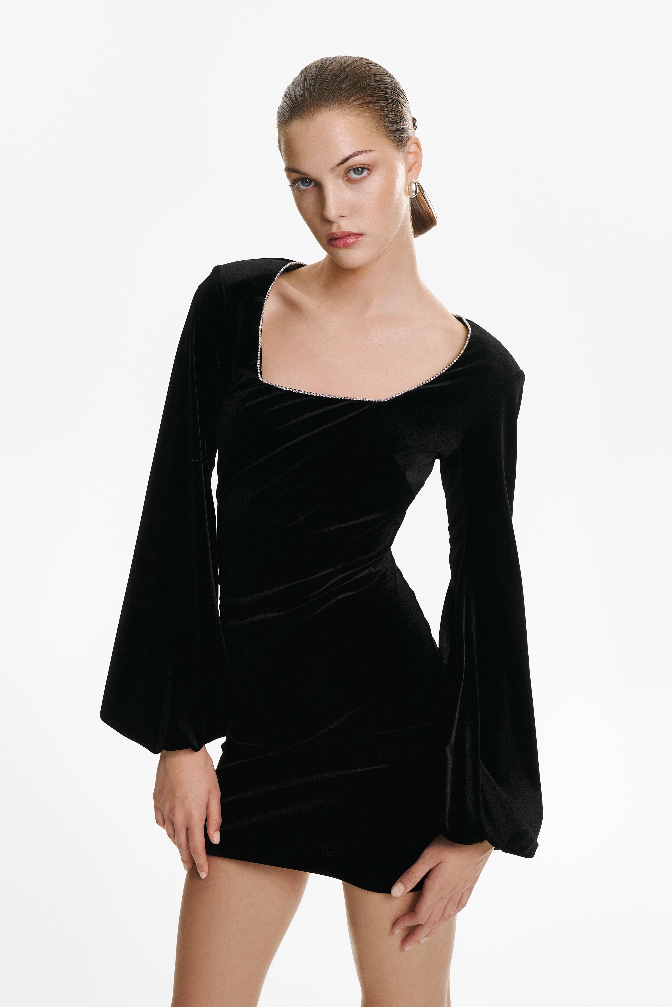 Embellished-neckline mini black velvet dress