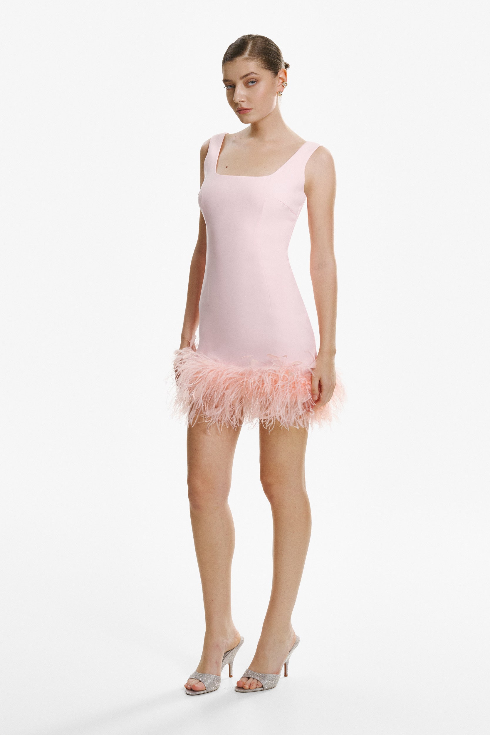 Feather-trimmed crepe mini dress in pink