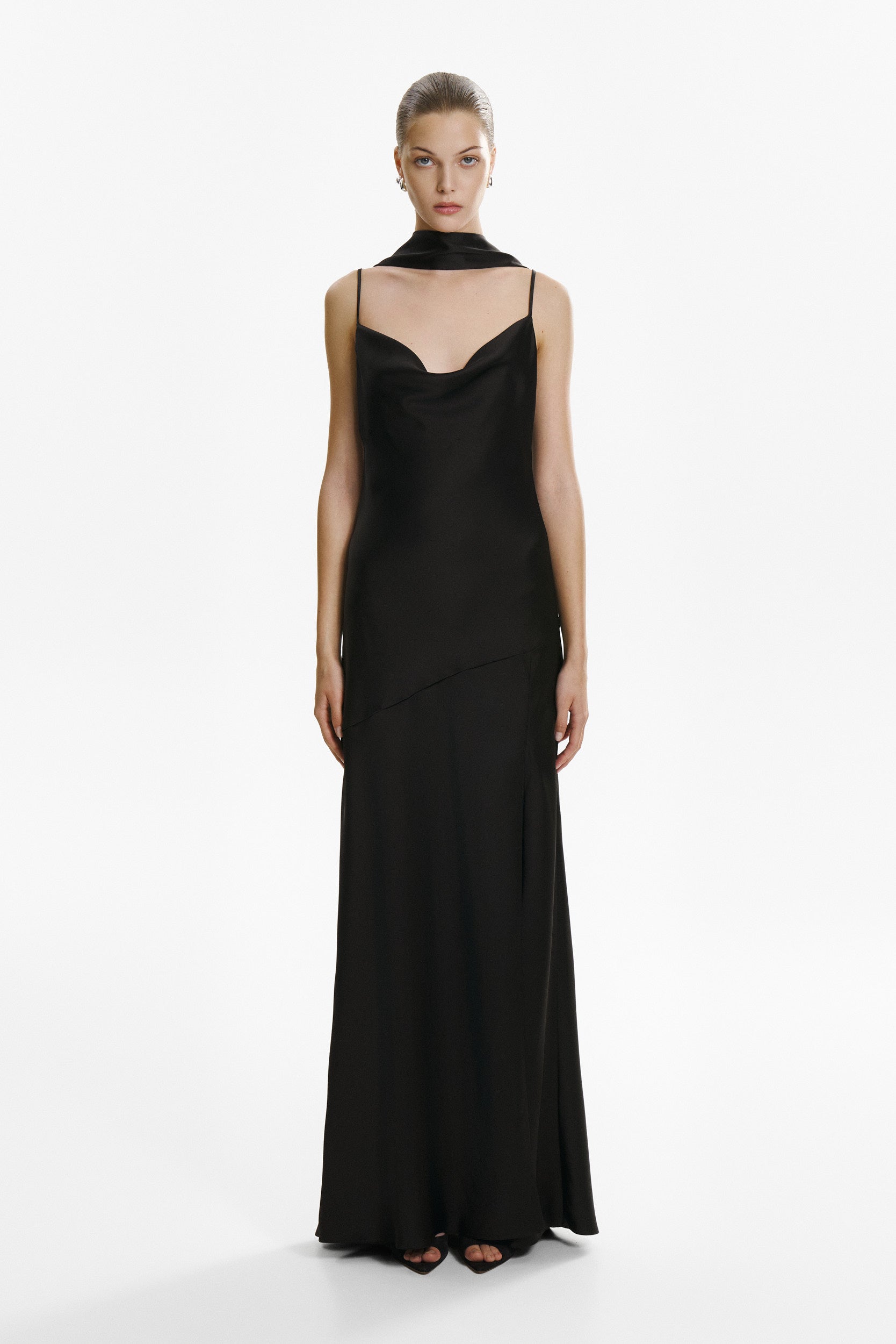 Floor-length satin dress in black