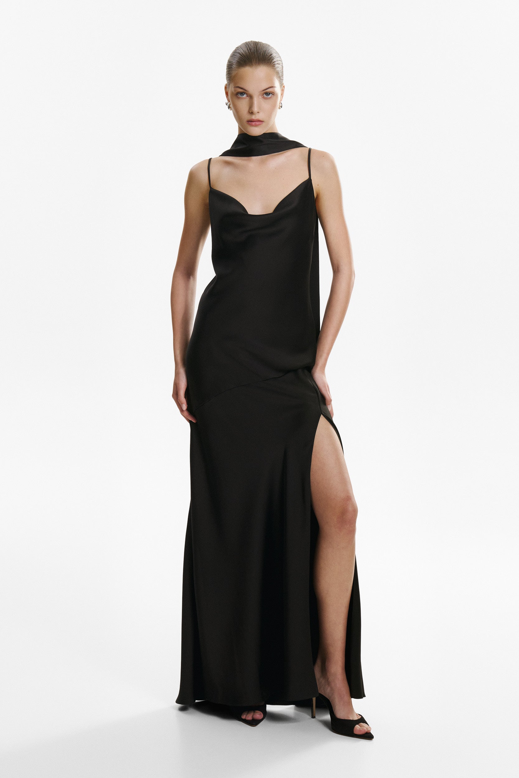 Floor-length satin dress in black