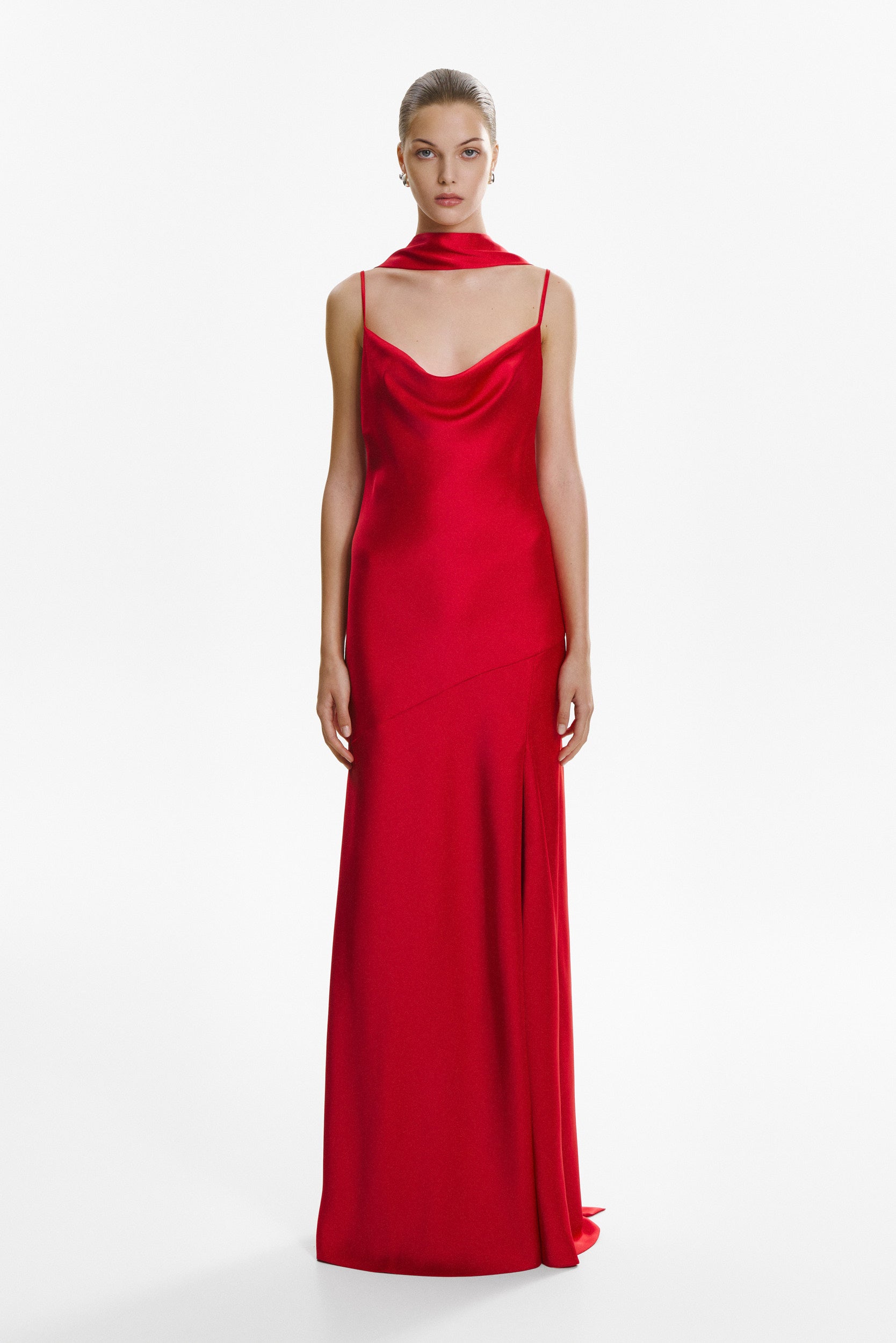 Floor-length satin dress in red