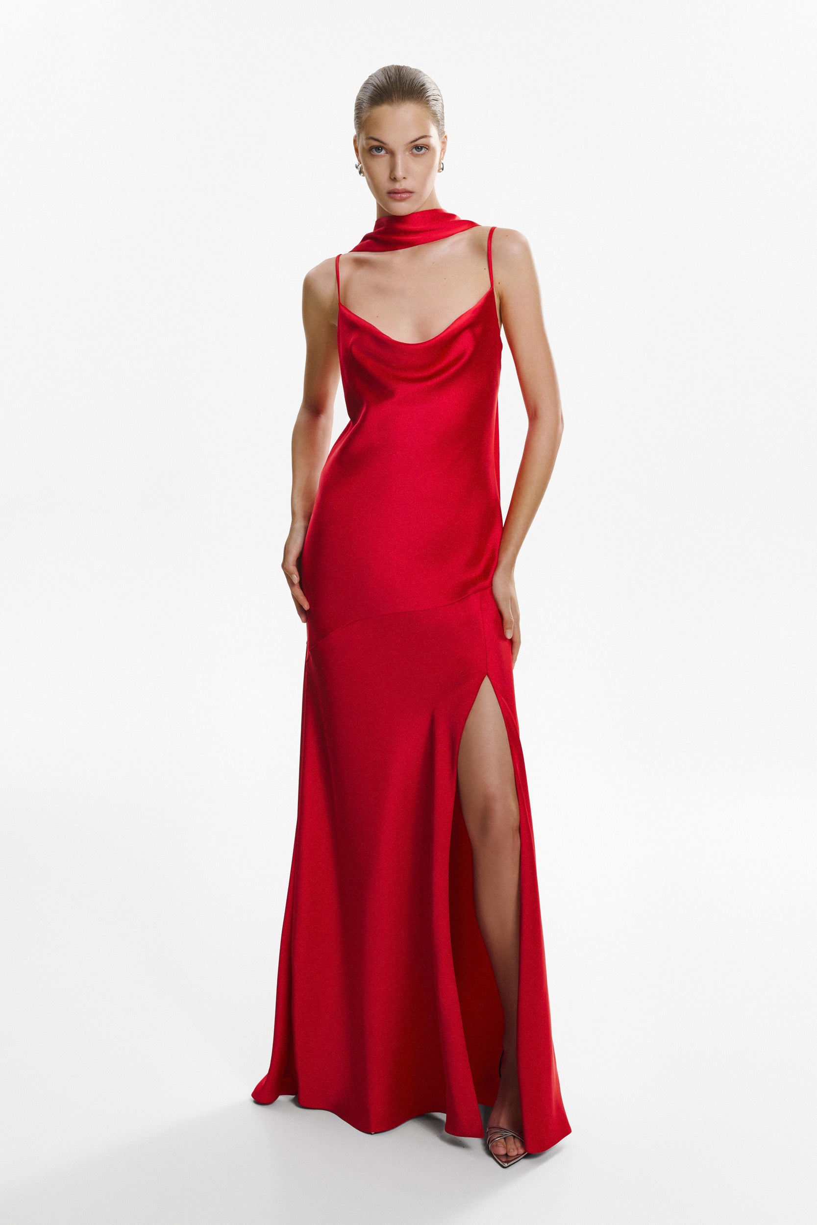 Floor-length satin dress in red