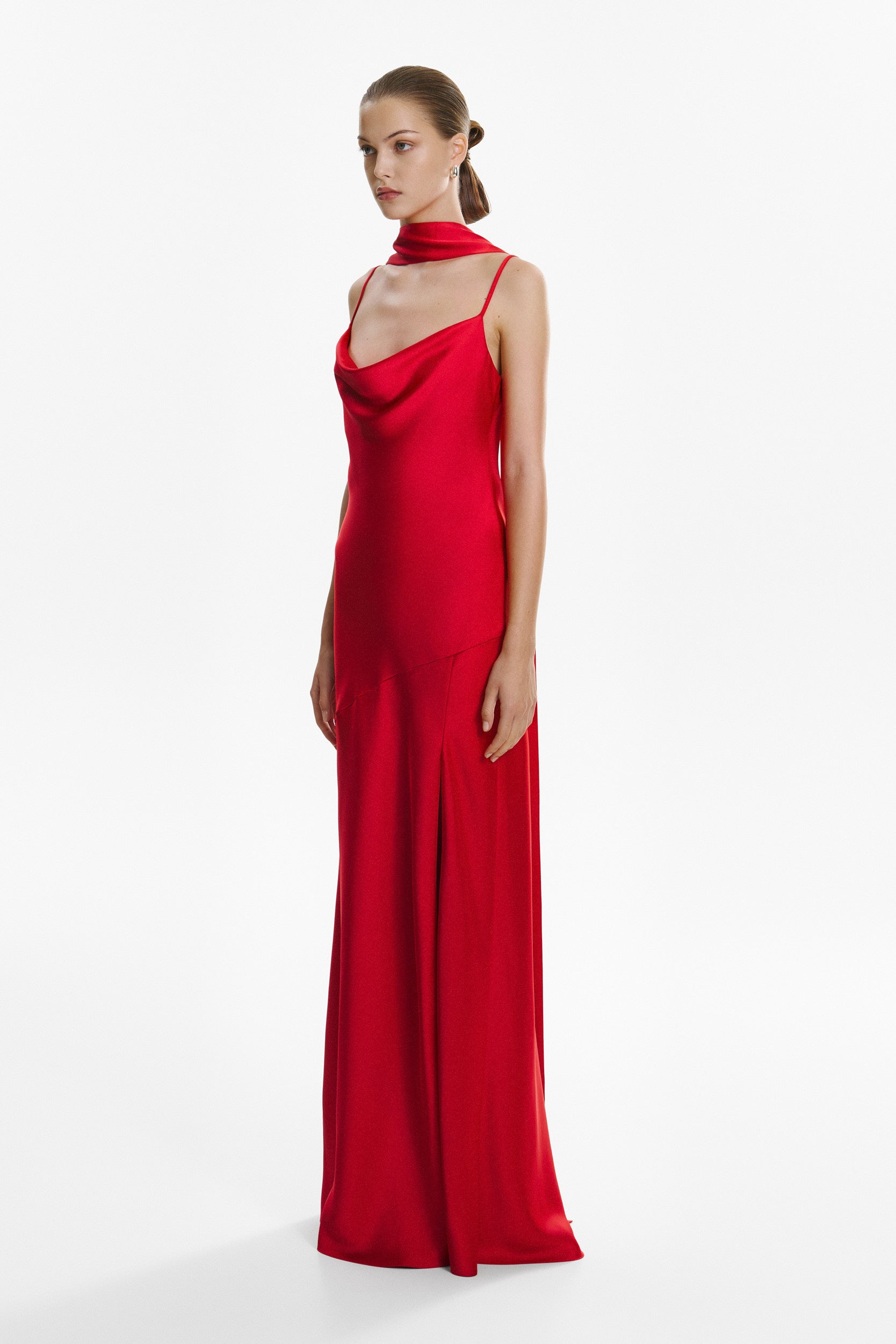 Floor-length satin dress in red