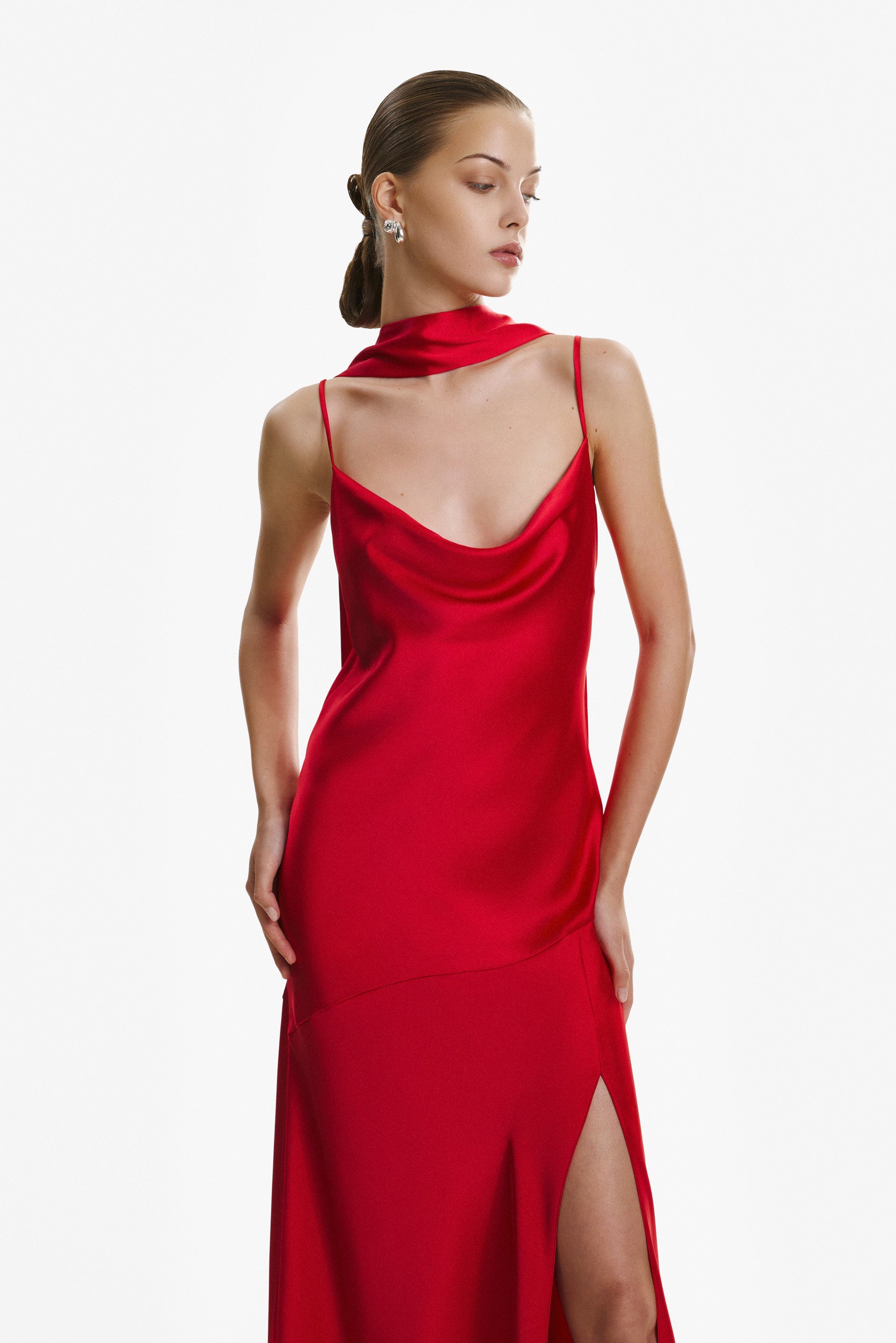 Floor-length satin dress in red