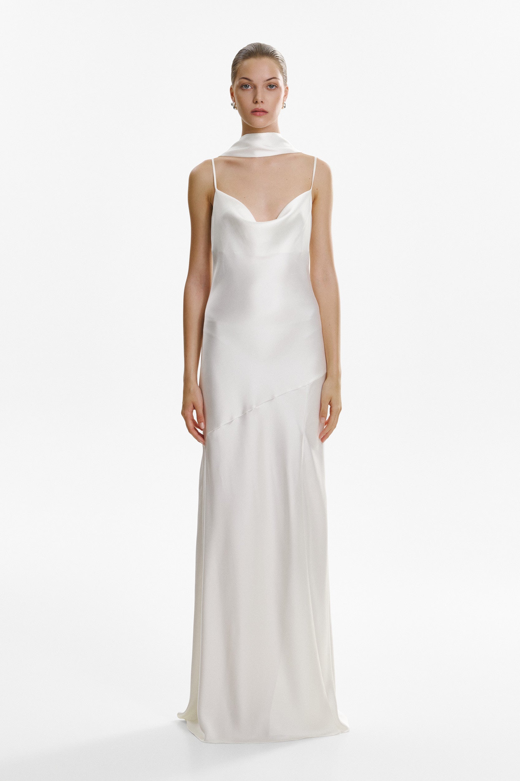 Floor-length satin dress in white