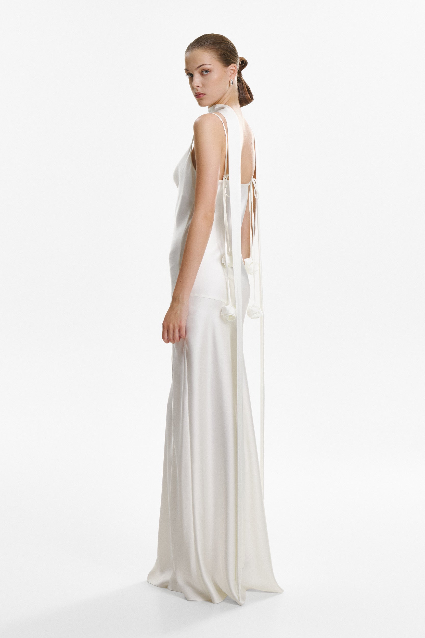 Floor-length satin dress in white