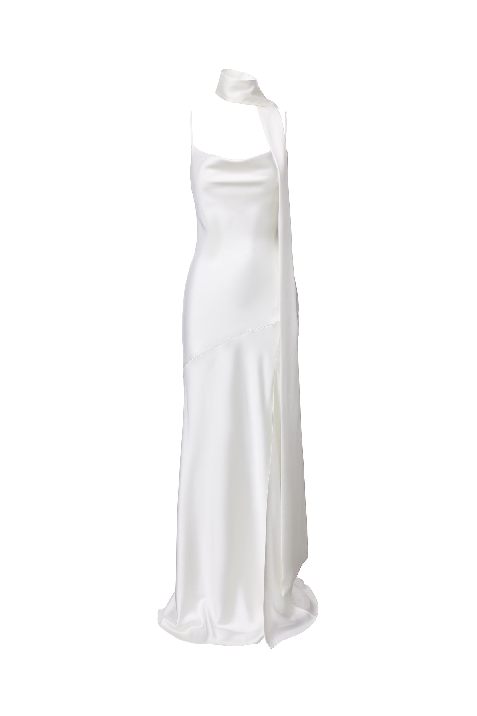 Floor-length satin dress in white