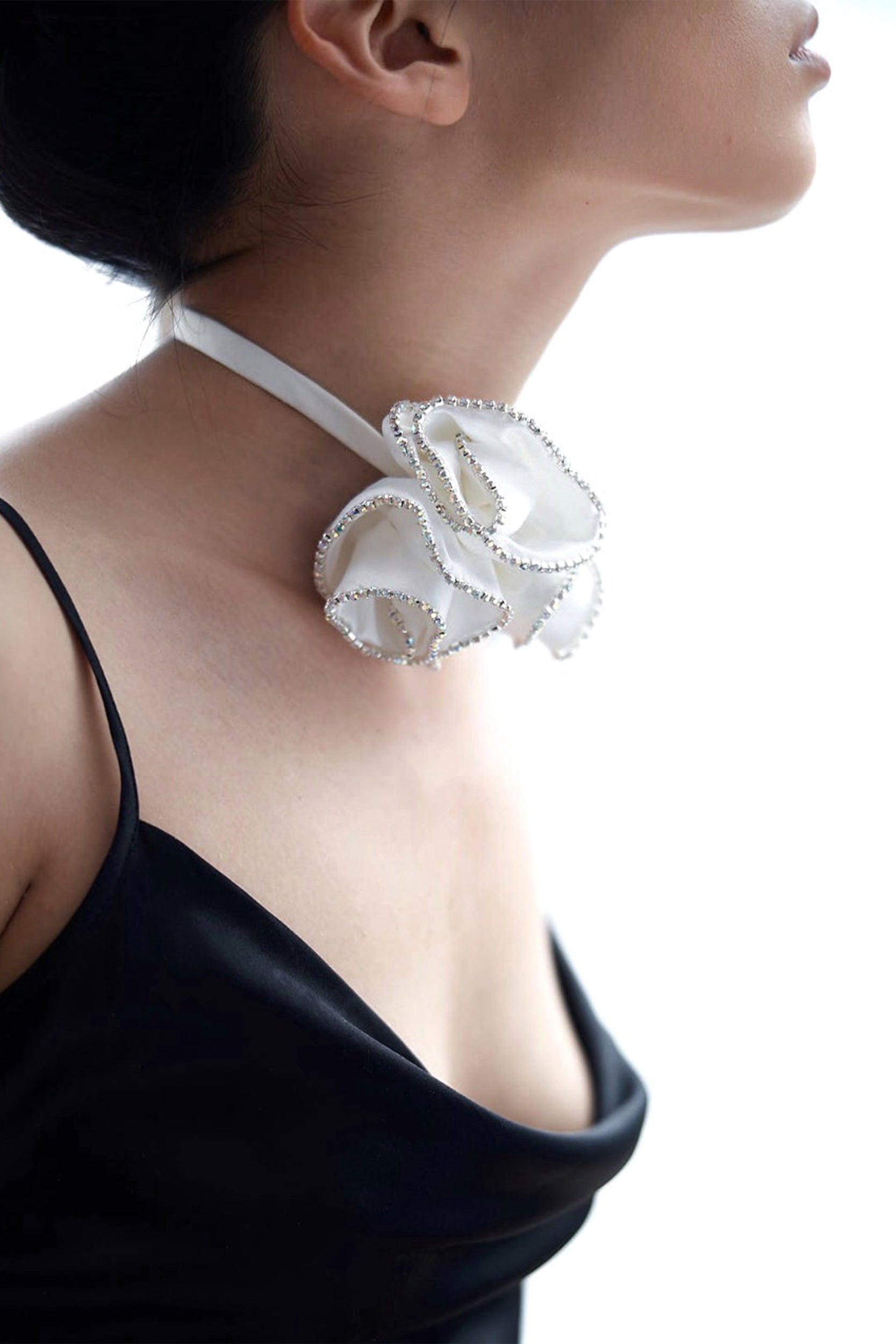 Satin flower white crystal choker necklace
