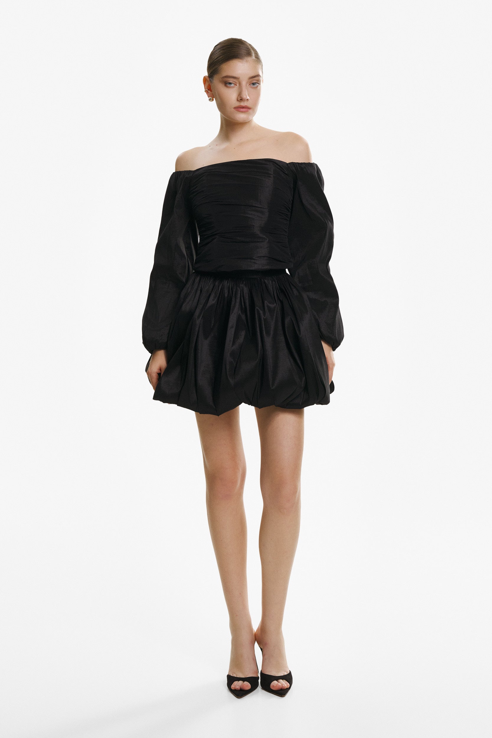 Off-the-shoulder black taffeta blouse