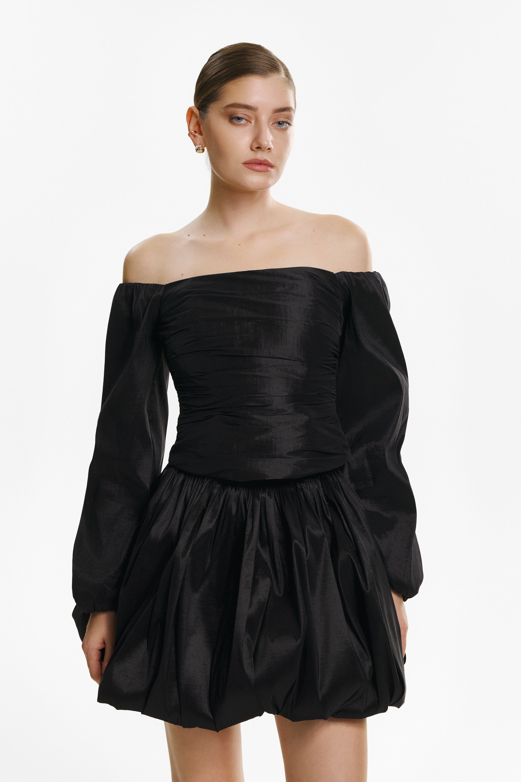 Off-the-shoulder black taffeta blouse