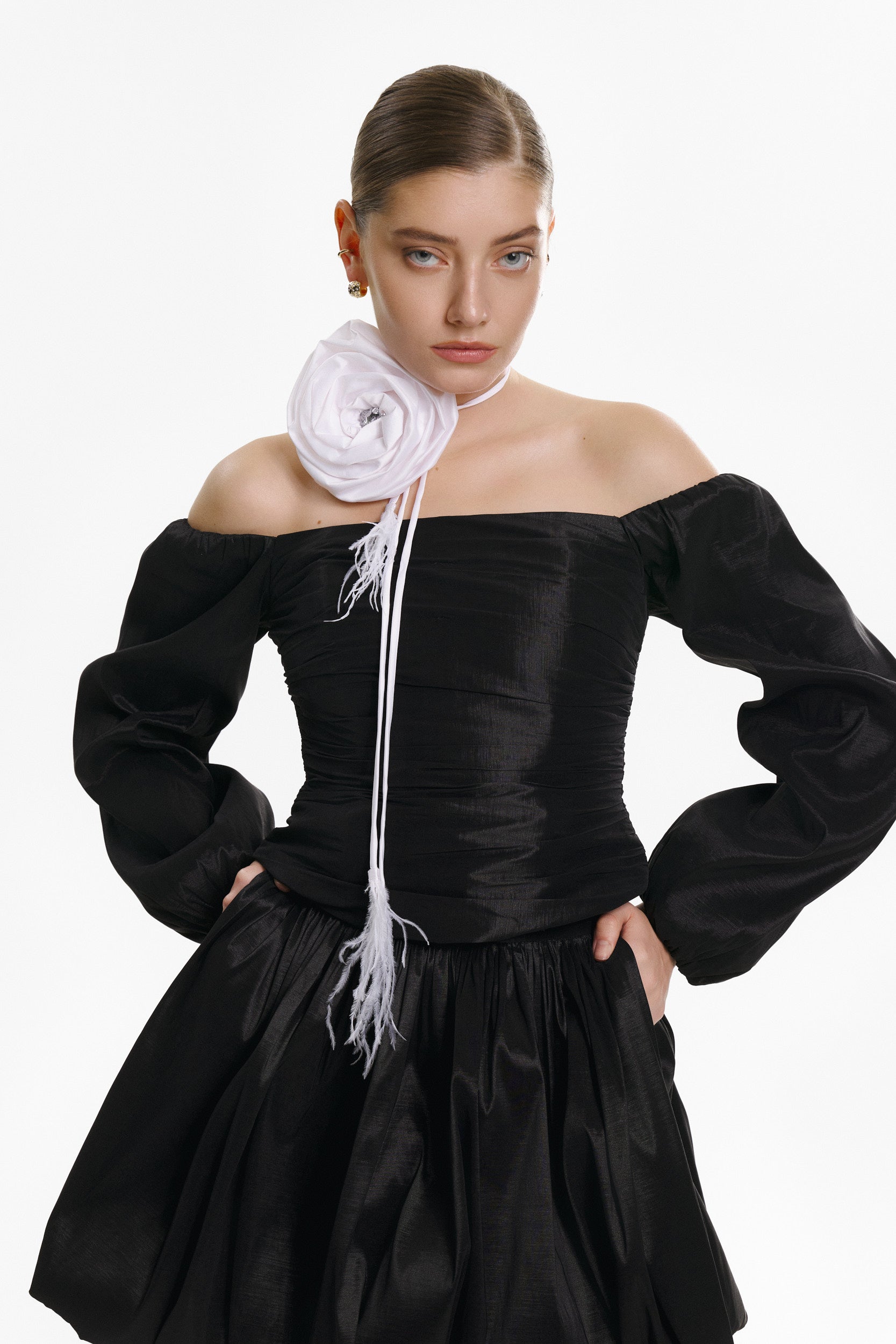 Off-the-shoulder black taffeta blouse