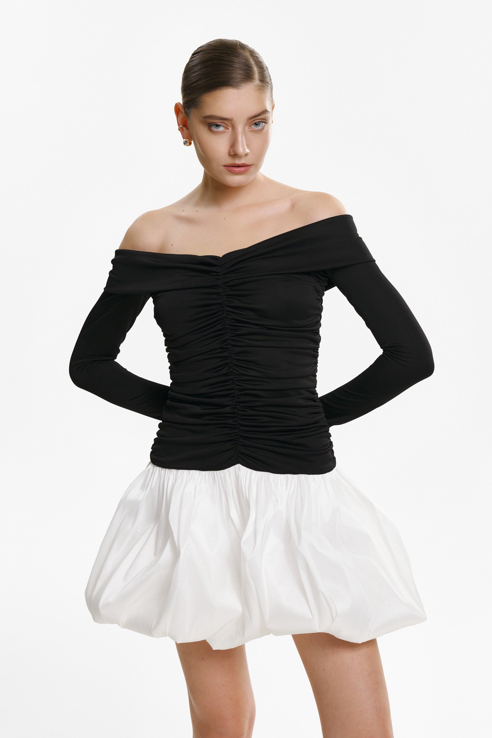 Off-the-shoulder ruched bubble mini dress in black-white
