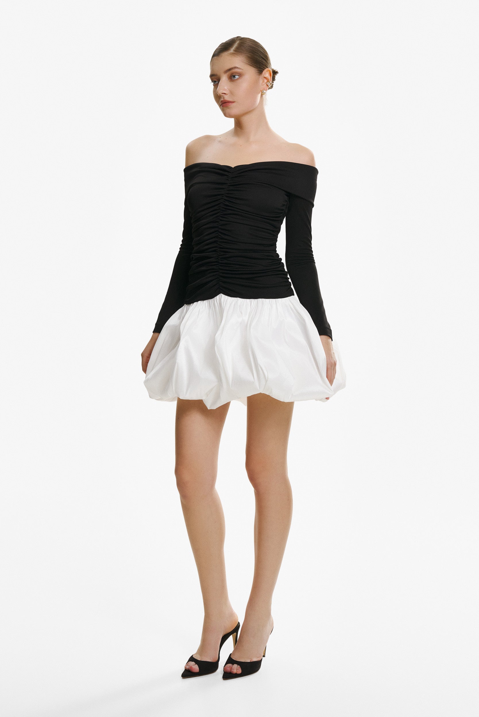 Off-the-shoulder ruched bubble mini dress in black-white