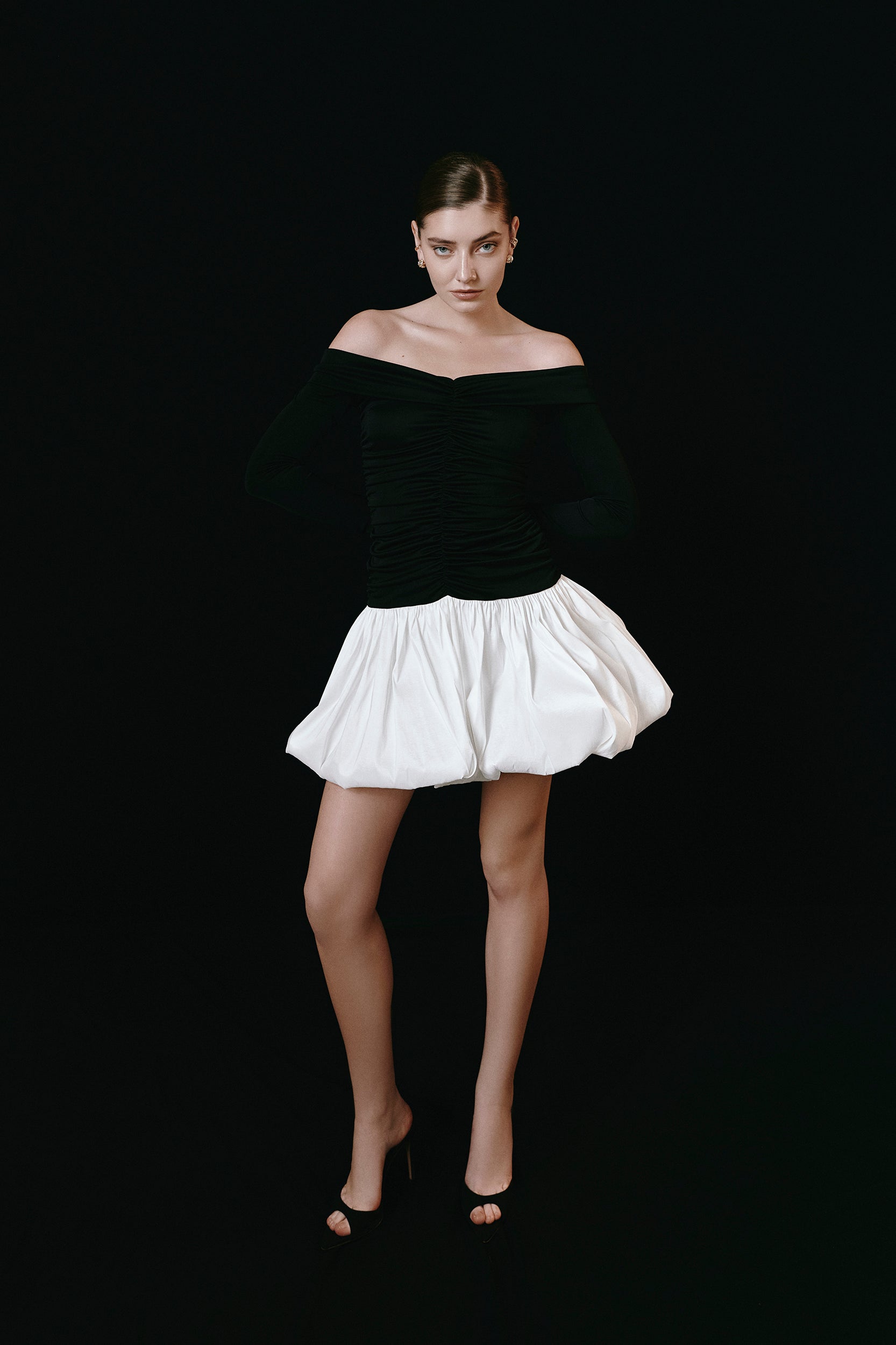 Off-the-shoulder ruched bubble mini dress in black-white