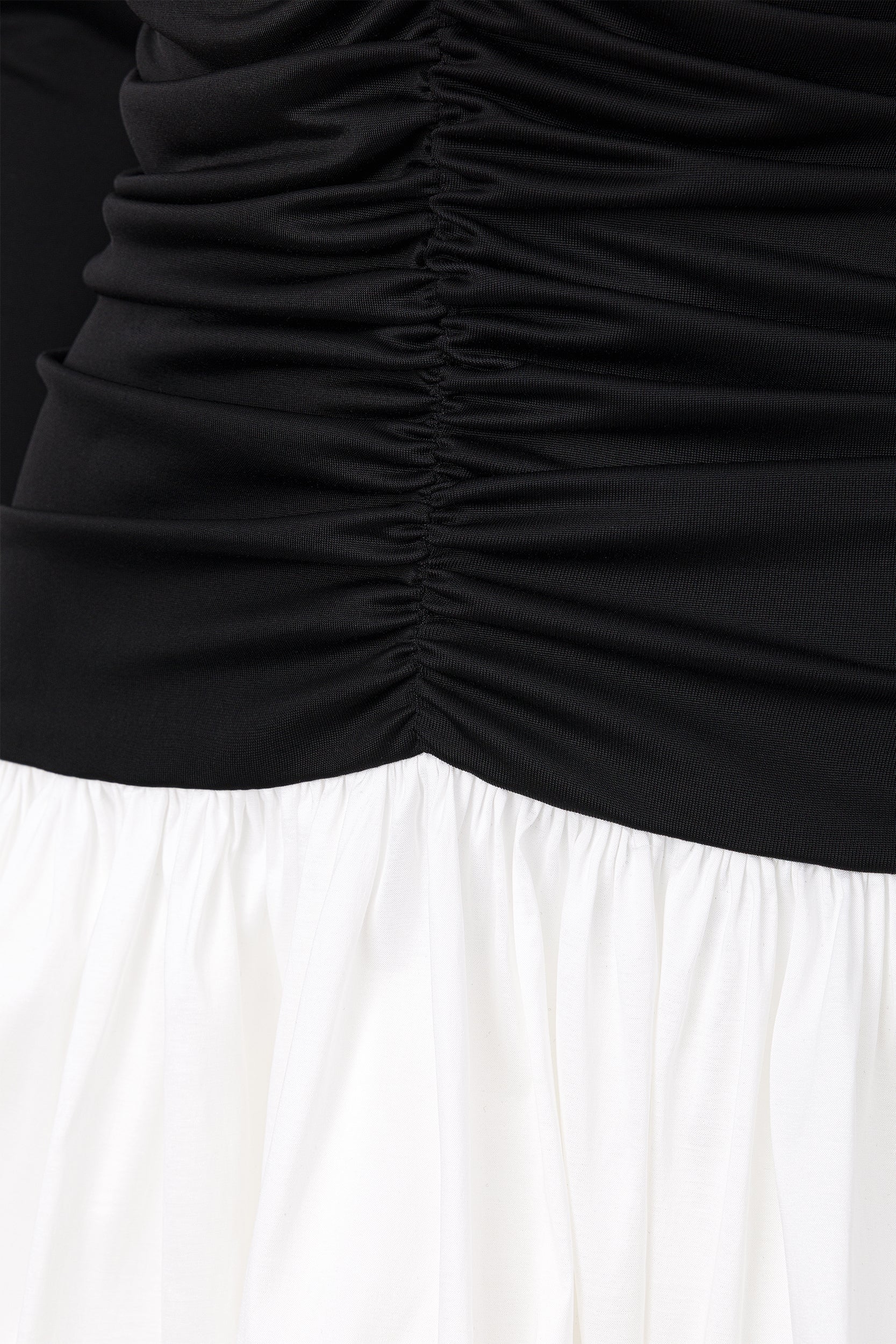 Off-the-shoulder ruched bubble mini dress in black-white