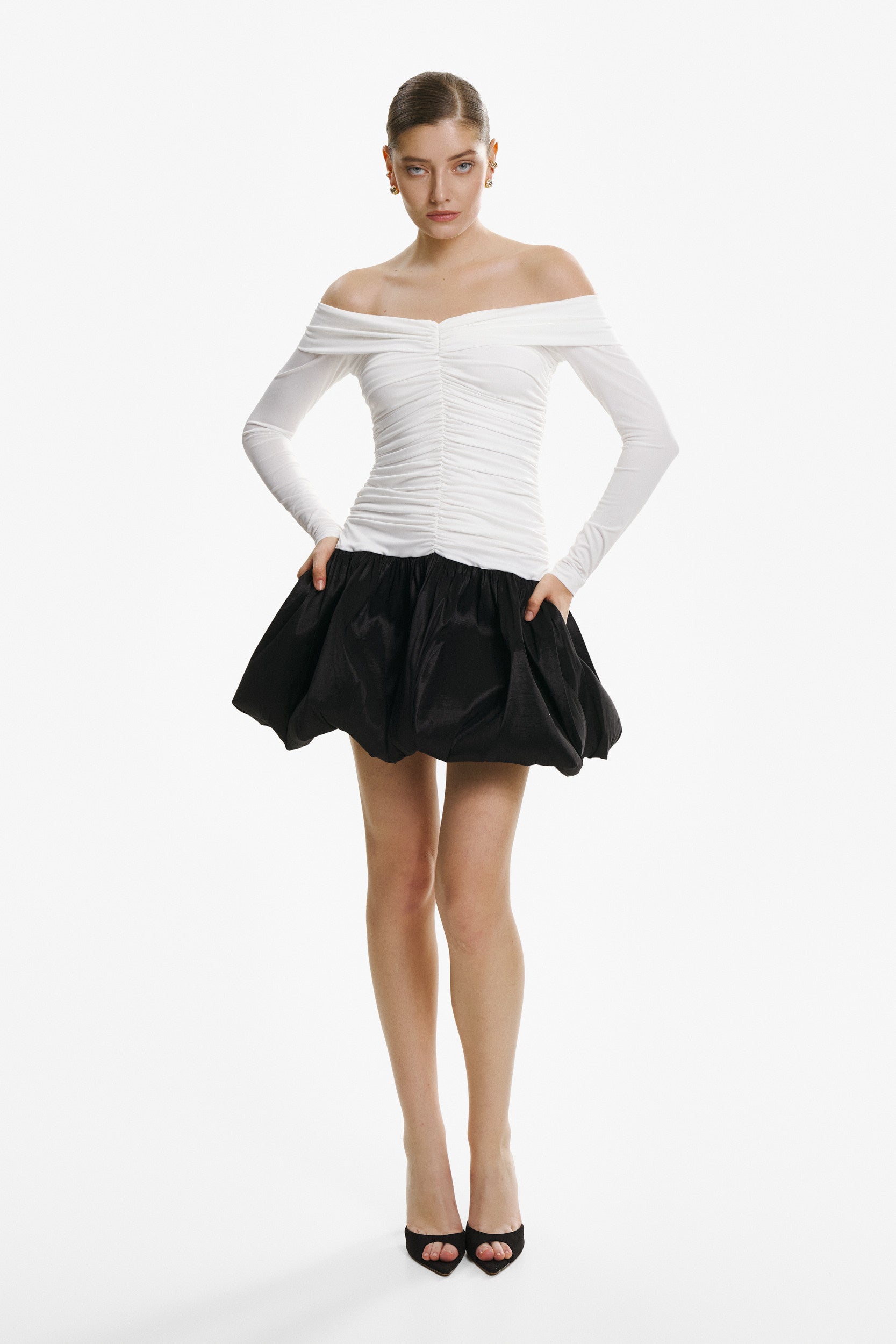 Off-the-shoulder ruched bubble mini dress in white-black