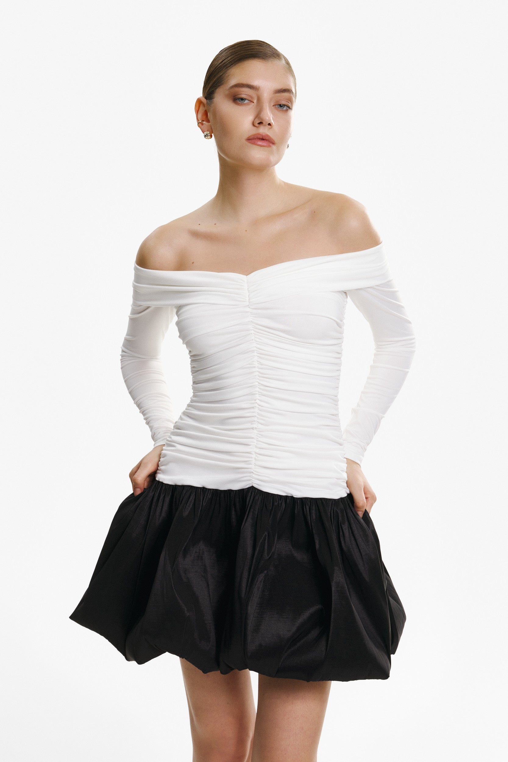 Off-the-shoulder ruched bubble mini dress in white-black