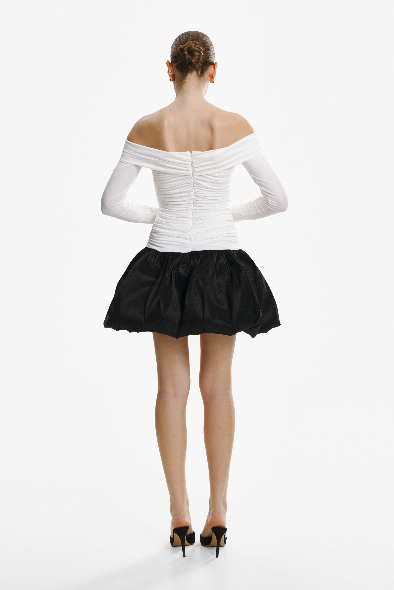 Off-the-shoulder ruched bubble mini dress in white-black