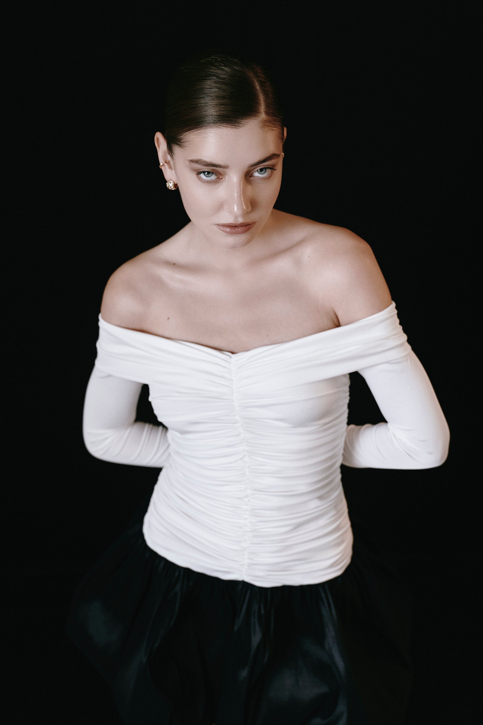 Off-the-shoulder ruched bubble mini dress in white-black