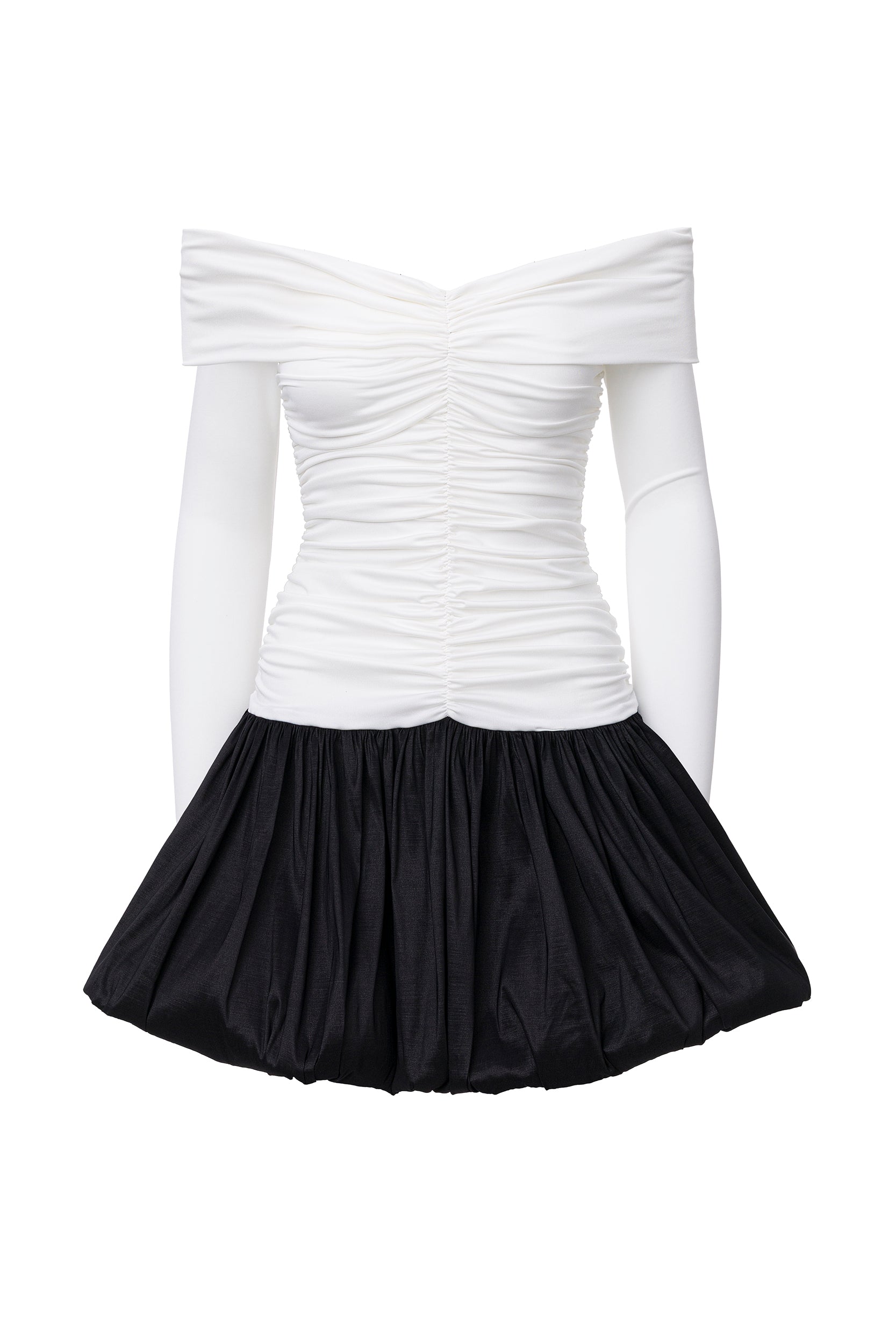 Off-the-shoulder ruched bubble mini dress in white-black