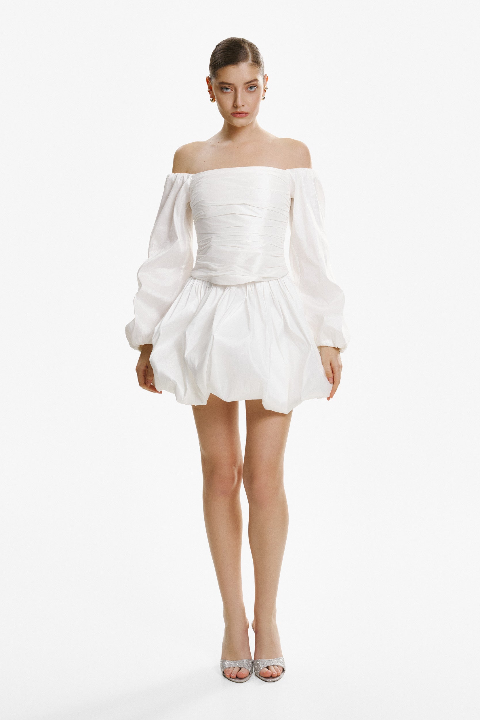 Off-the-shoulder white taffeta blouse